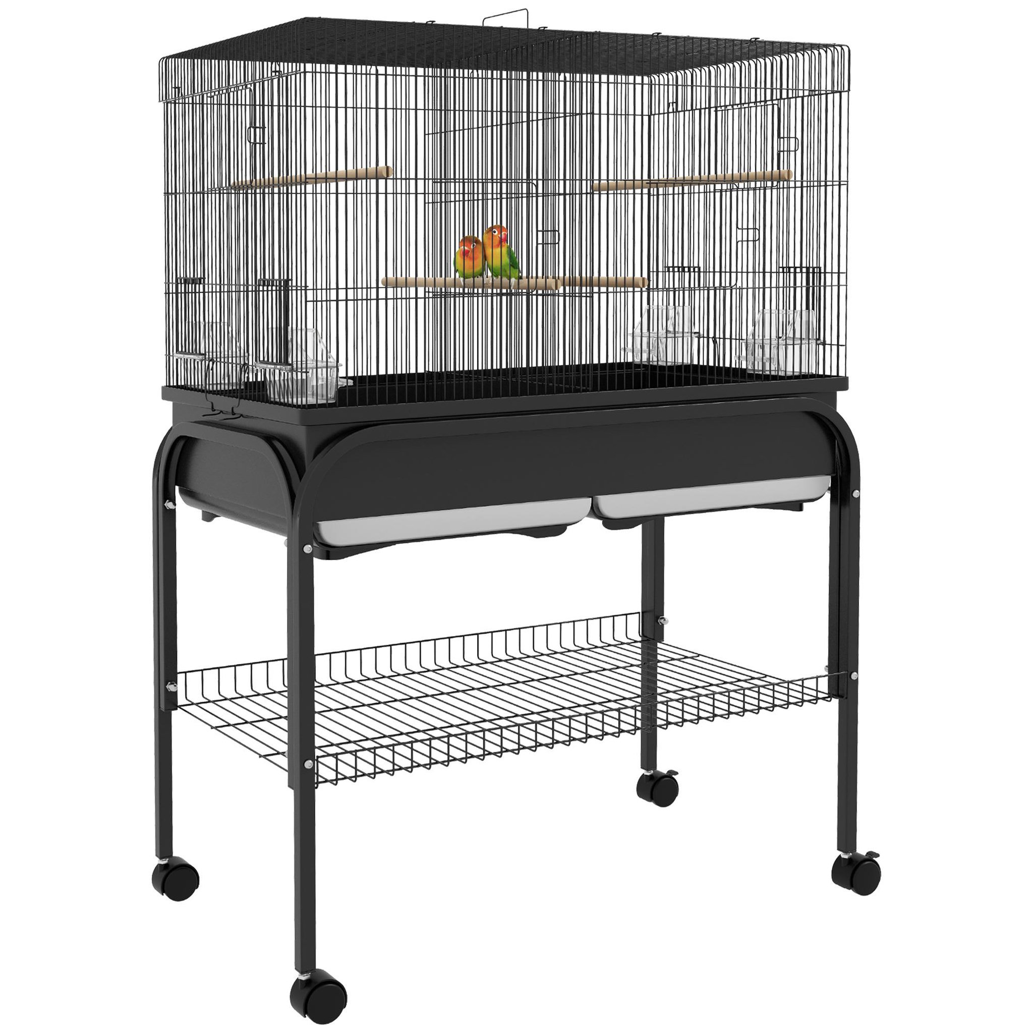 PAWHUT Grande cage oiseaux - cage perroquet - grande volière sur roulettes - étagère, plateaux coulissants, accessoires - noir