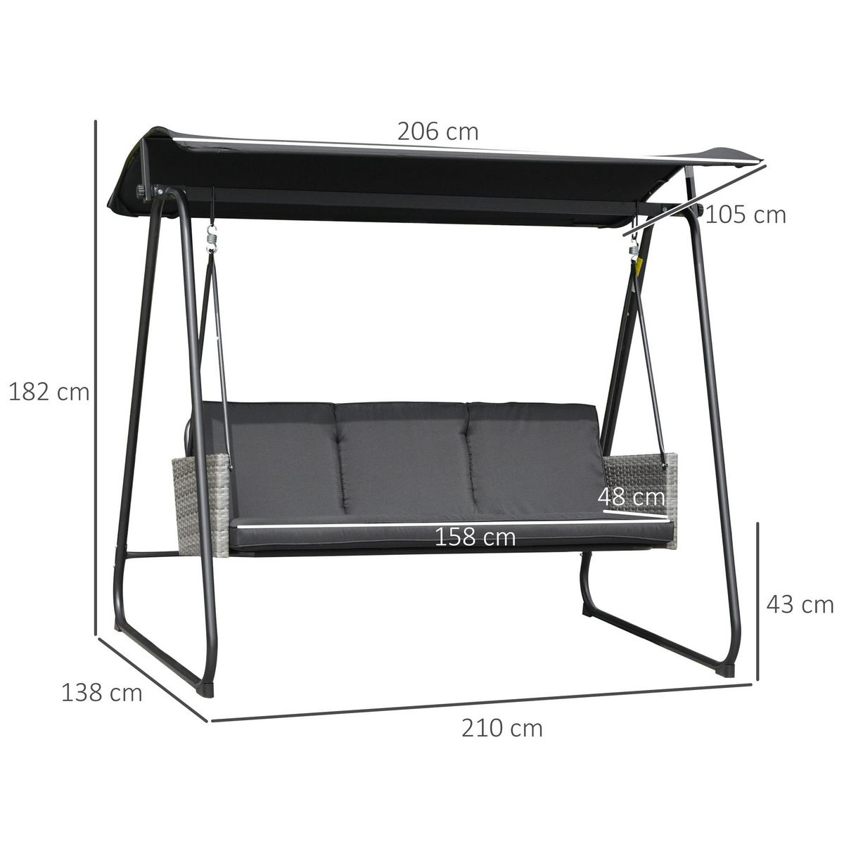 OUTSUNNY Balancelle de jardin 3 places auvent inclinaison réglable coussins assise et dossier résine tressée grise acier époxy polyester noir