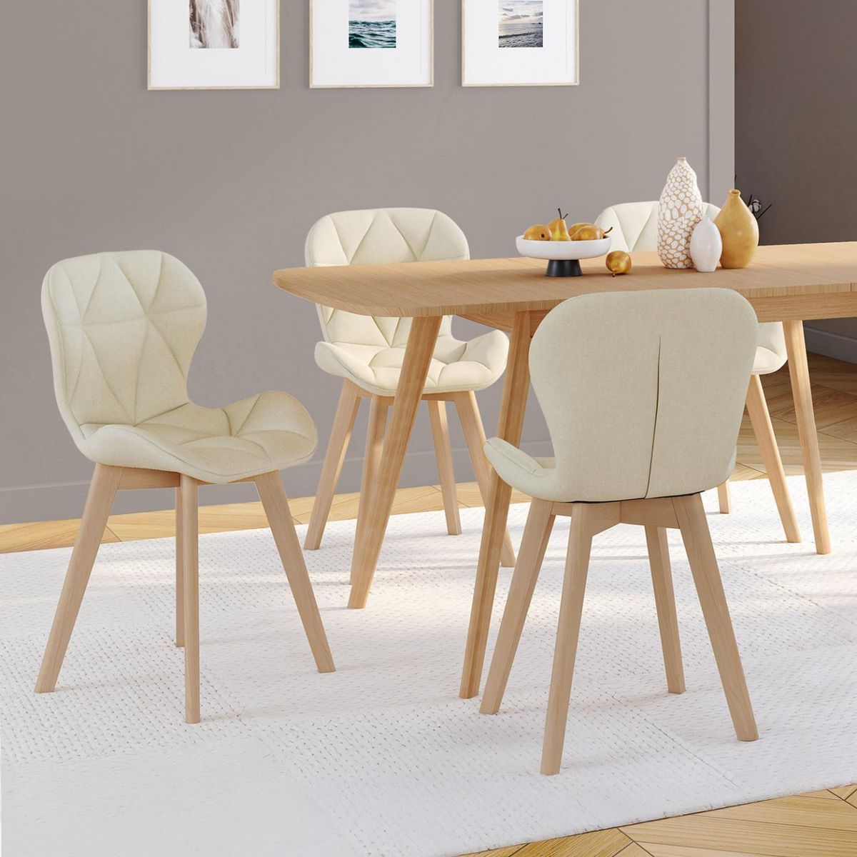 ID MARKET Lot de 4 chaises ROBINE en tissu beige pour salle à manger