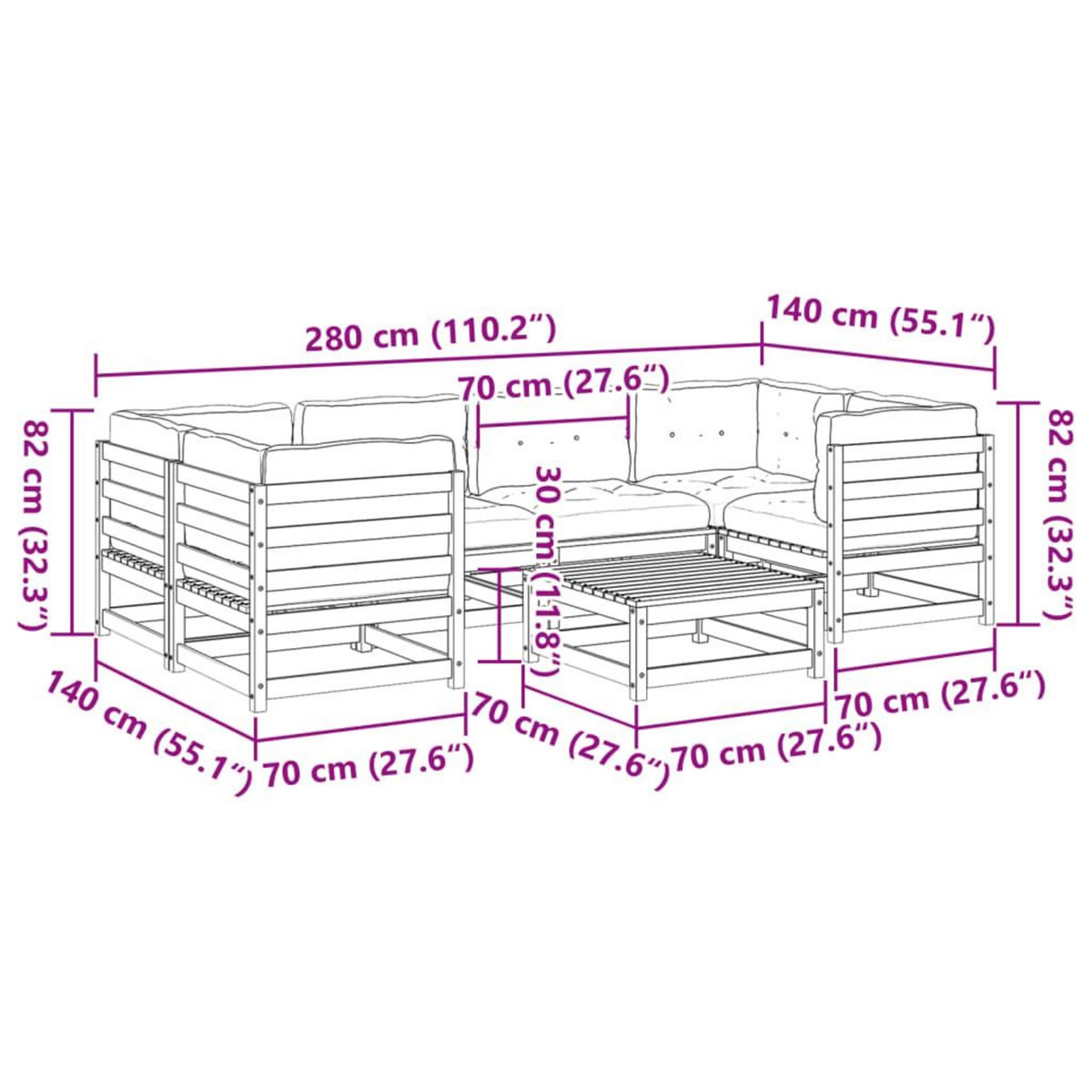 VIDAXL Salon de jardin 7 pcs avec coussins bois de pin impregne