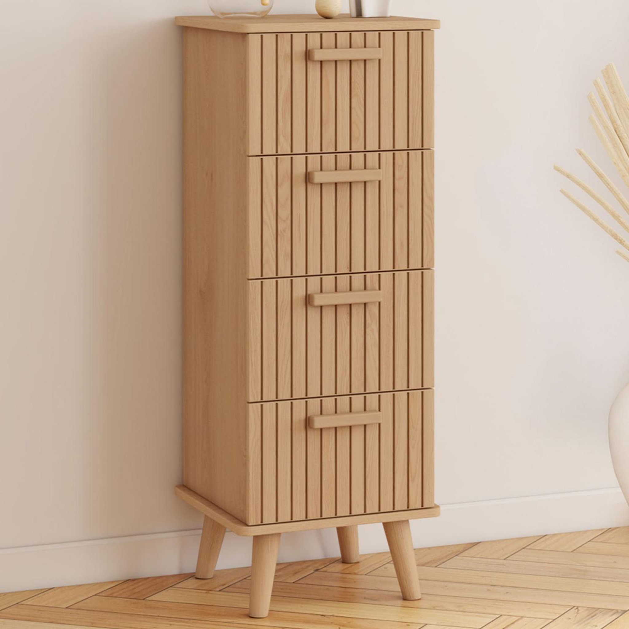 Voir la diapositive 2 : ID MARKET Meuble d'appoint 4 tiroirs juliette 30x30x80 cm chiffonnier pour entrée salle de bain effet lattes tasseau bois