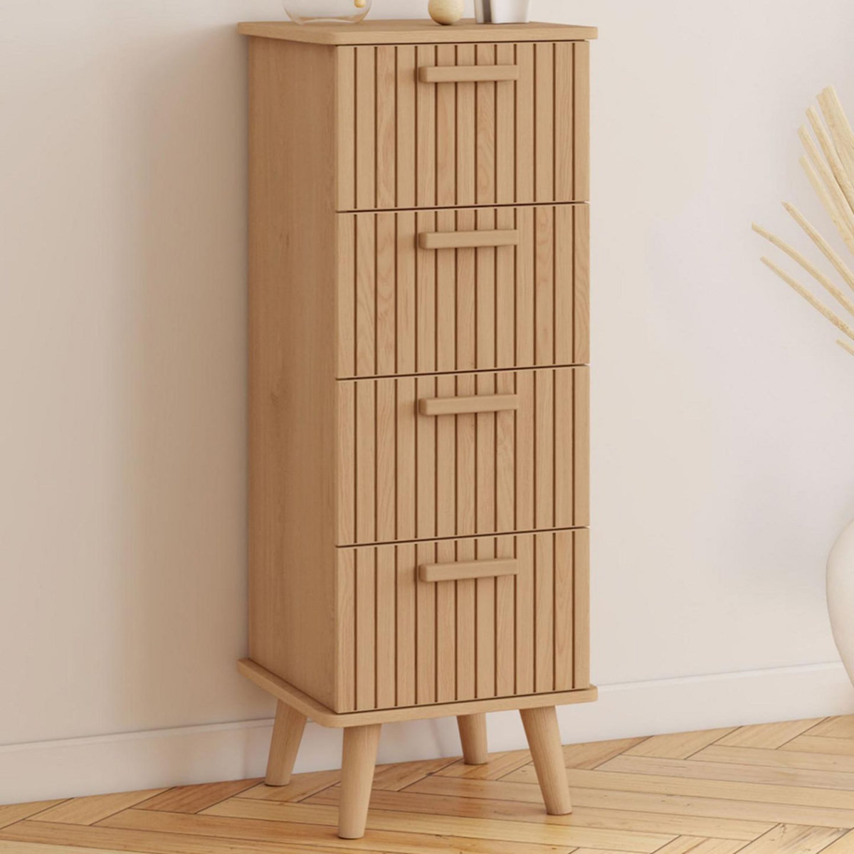 ID MARKET Meuble d'appoint 4 tiroirs JULIETTE 30 cm chiffonnier effet lattes tasseau bois coloris chêne