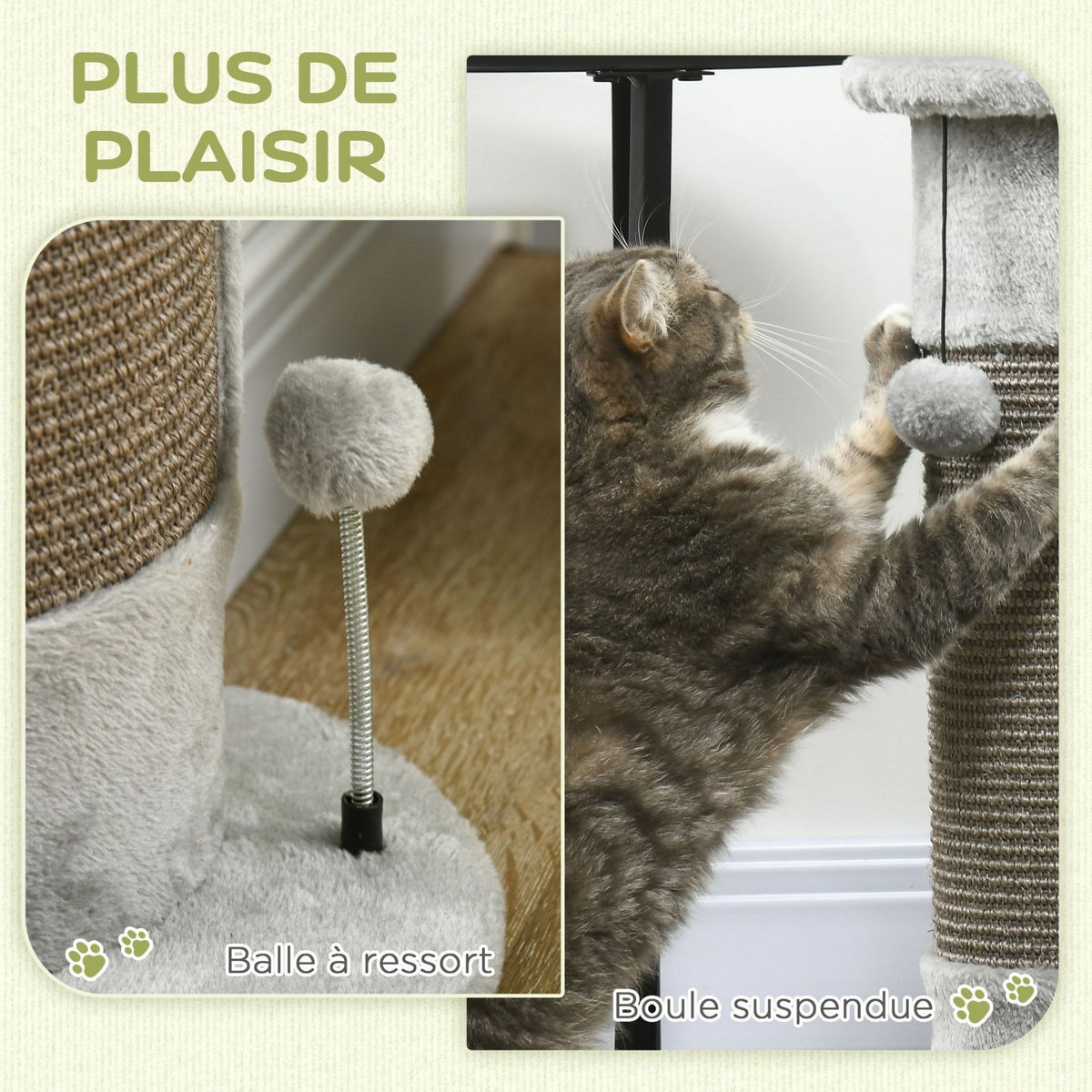 PAWHUT Griffoir grattoir poteau angle 58H cm design jeu boule suspendue + boule sur ressort peluche jute naturelle gris