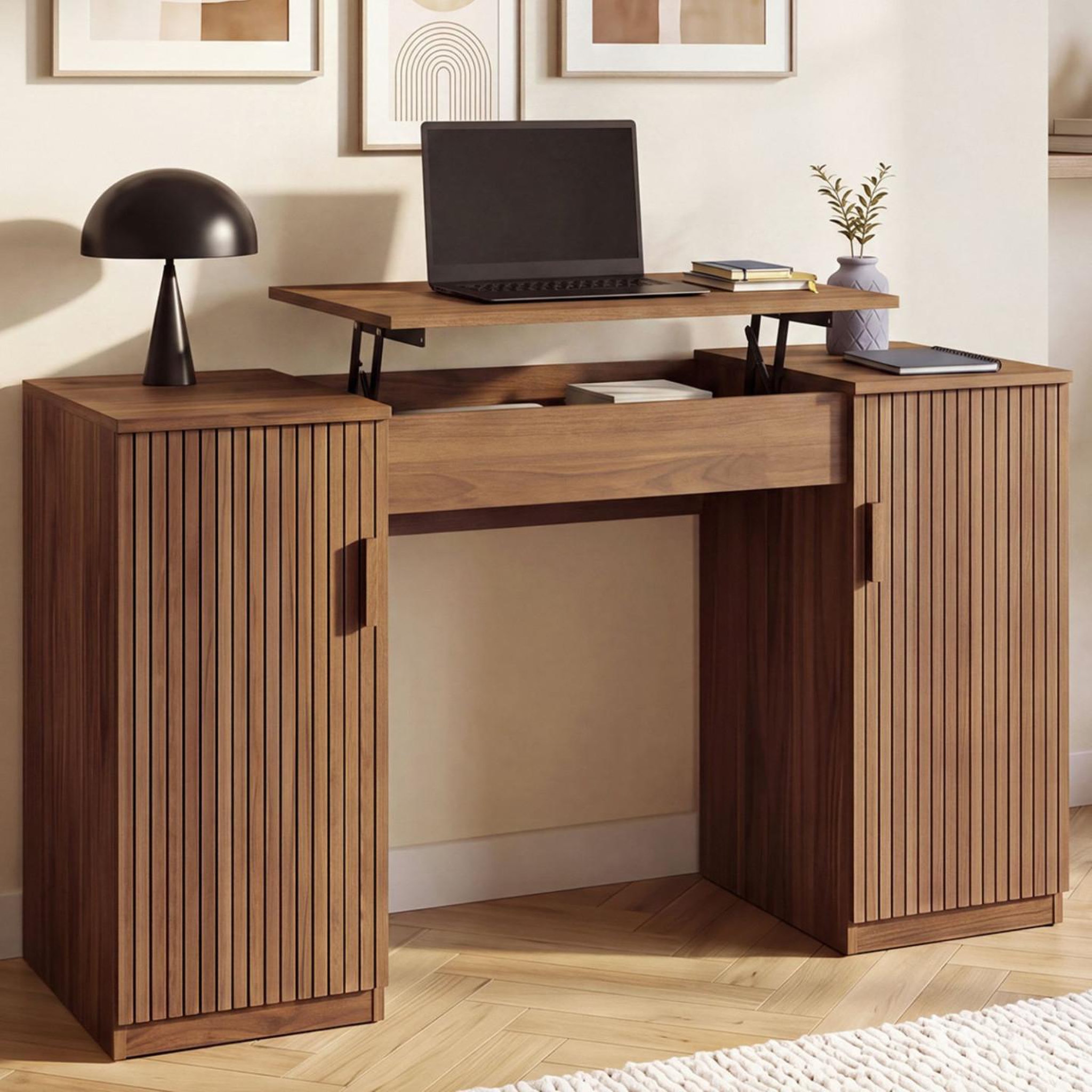 Voir la diapositive 2 : ID MARKET Bureau plateau relevable 140x50 cm JULIETTE 2 portes lattes tasseau bois effet noyer