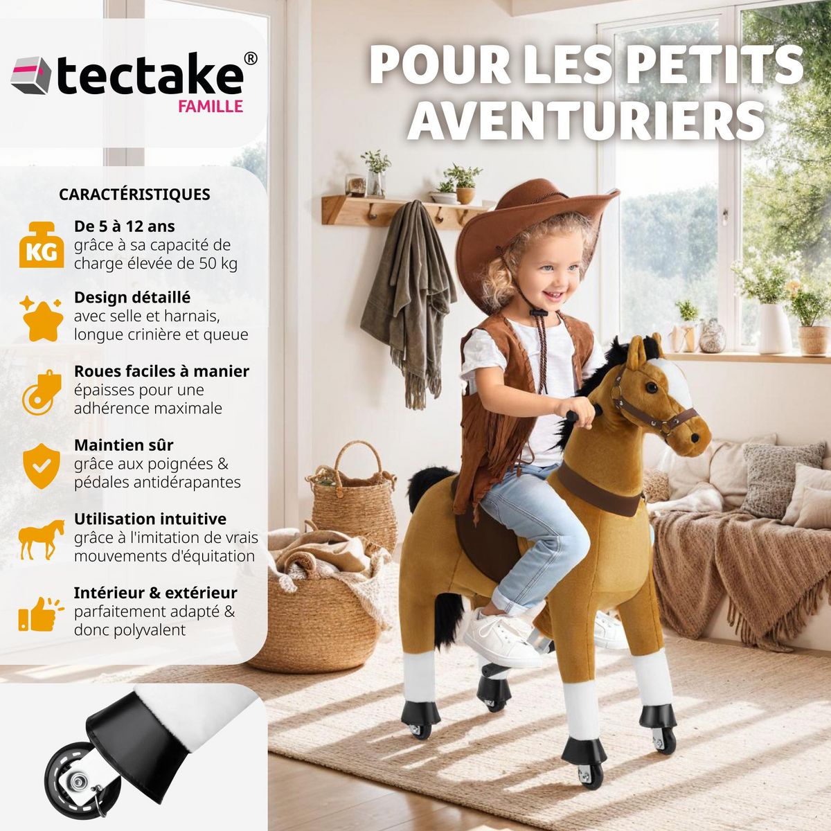 tectake Cheval à bascule sur roulettes au design réaliste Marron clair 34 x 89 x 100 cm