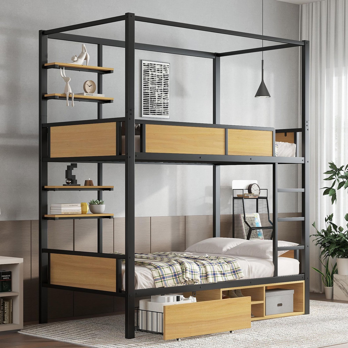 MERAX Lit superposé 90x200cm coloris noir+naturel métal et mdf