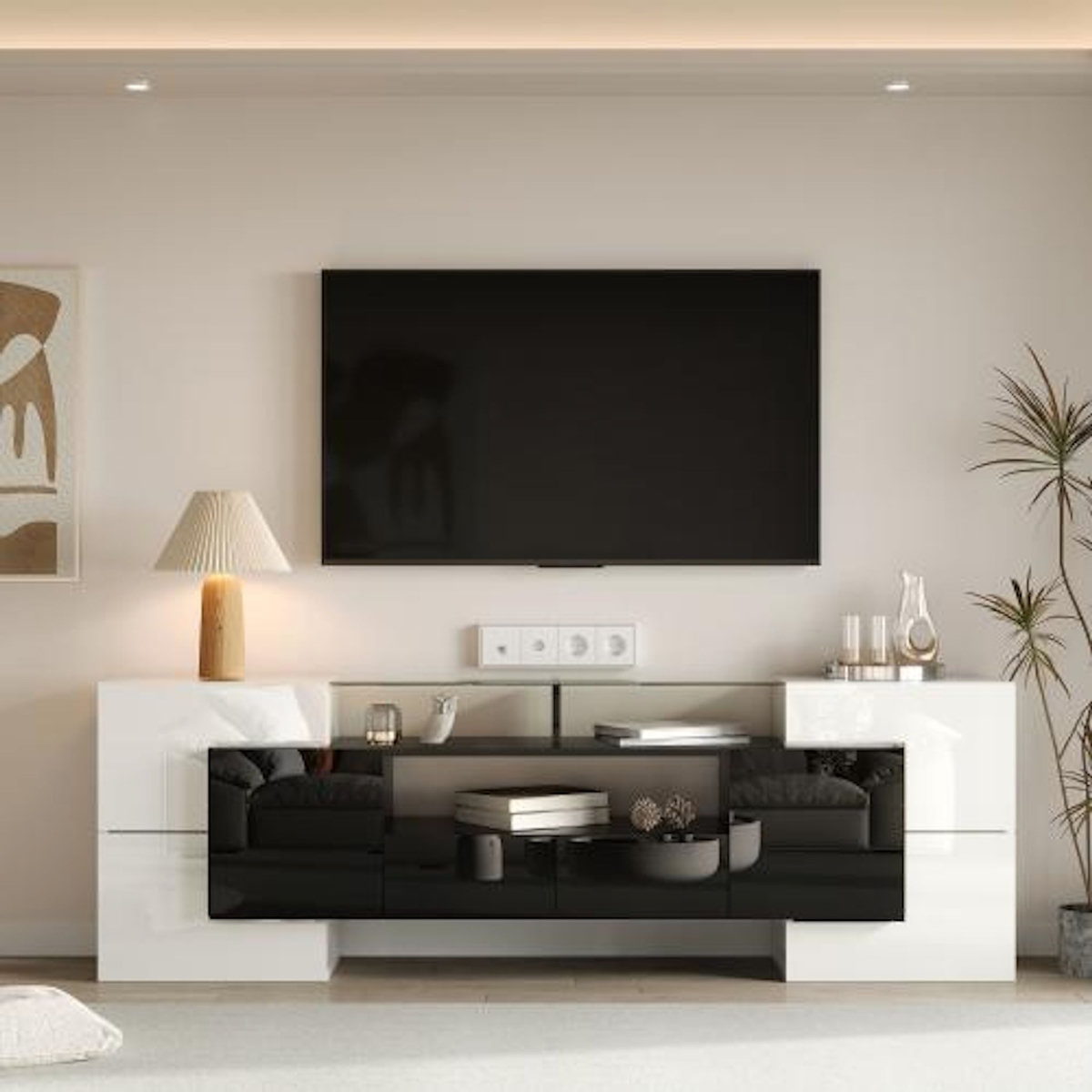 MERAX Meuble tv blanc+noir 200 cm led mdf