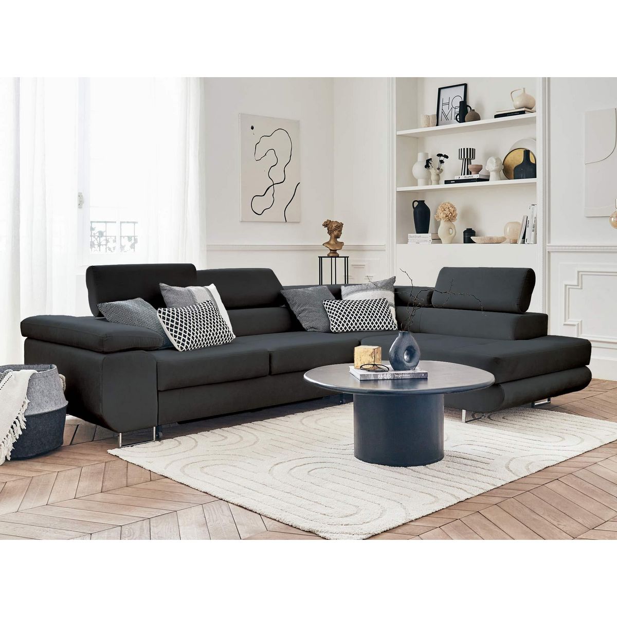 BEST MOBILIER Pablo - canapé d'angle droit - 5 places - convertible avec coffre et têtières réglables - en velours