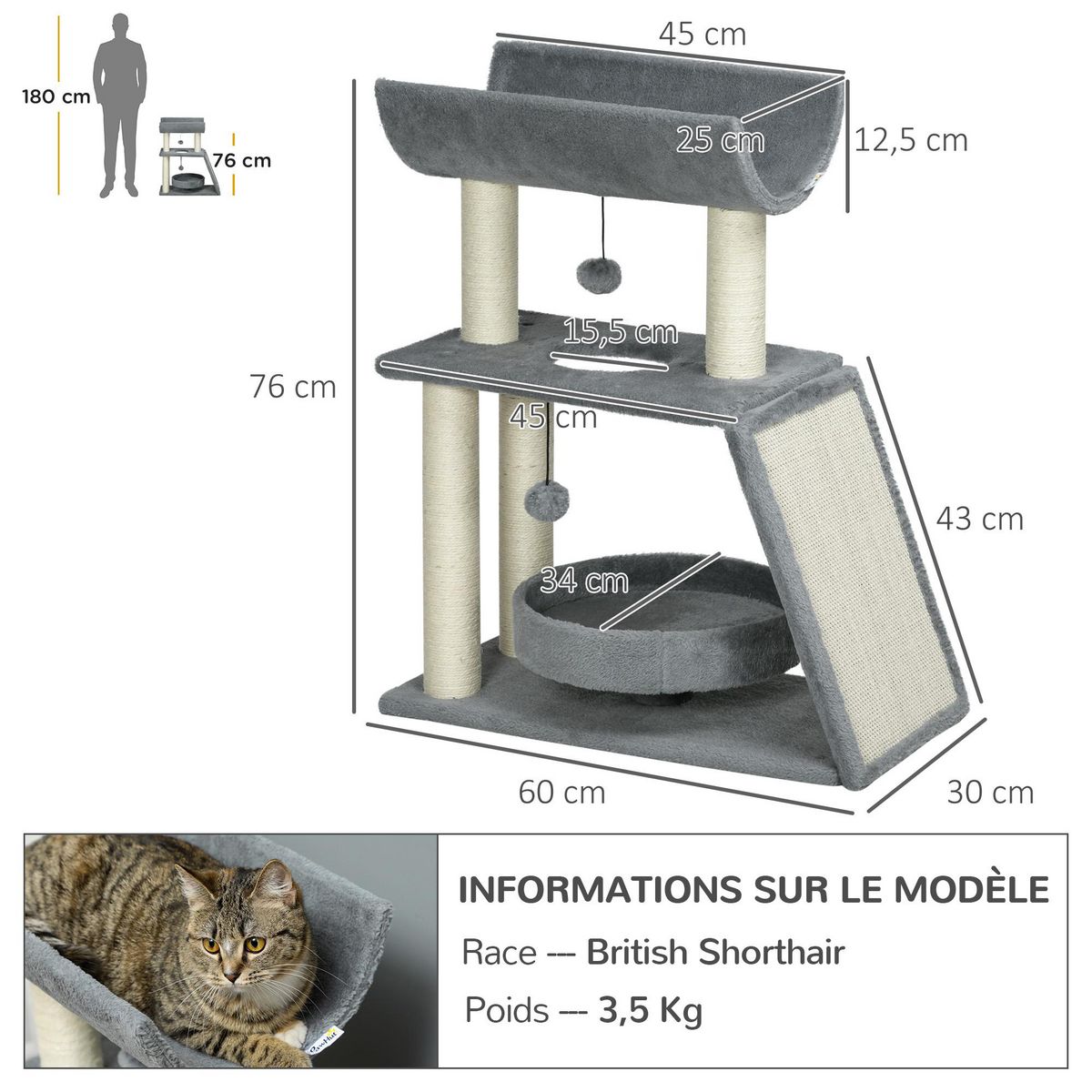 PAWHUT Arbre à chat griffoirs grattoir jeu boules suspendues plateformes ronde, rectangulaire et demi-cylindrique peluche jute naturelle gris