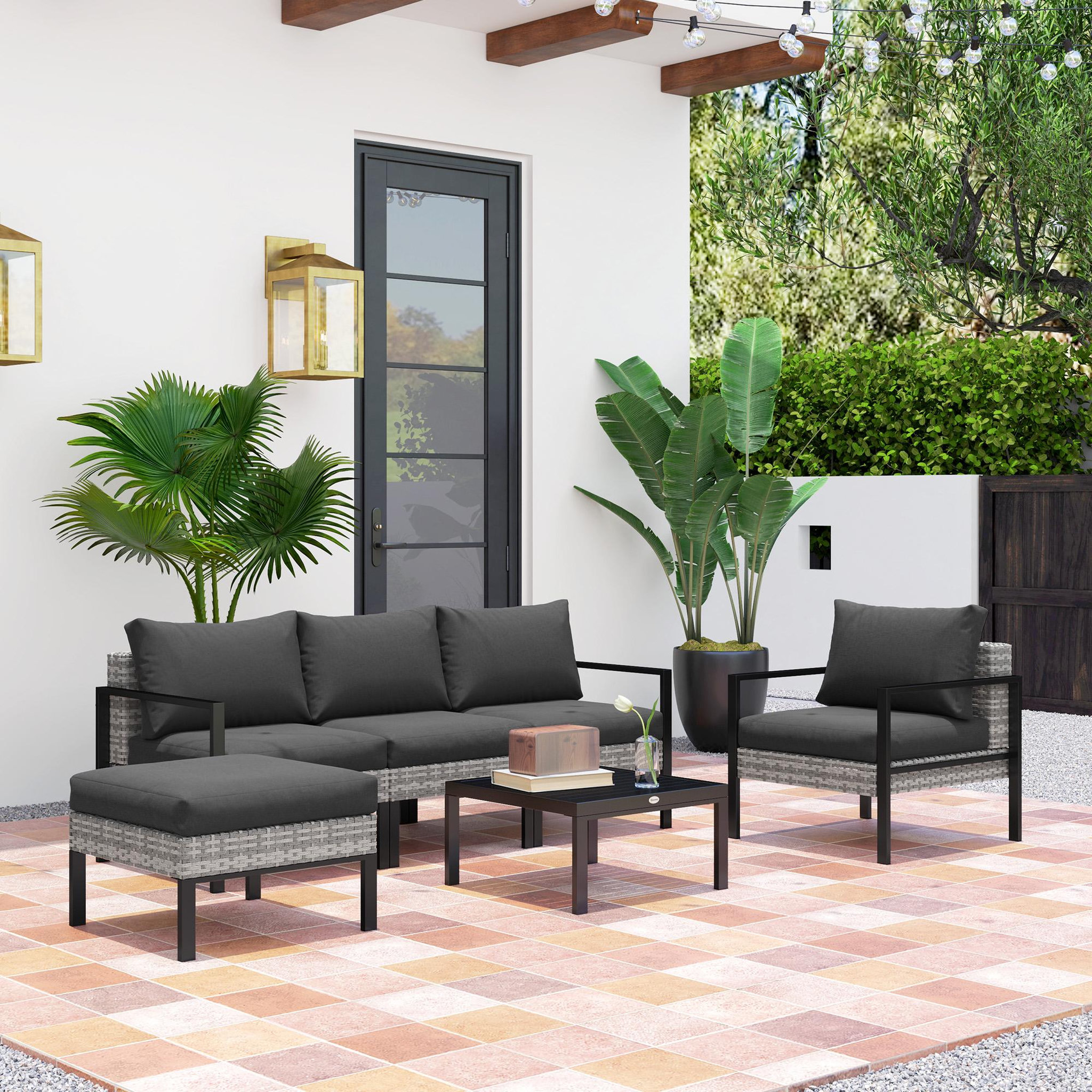 Voir la diapositive 2 : OUTSUNNY Ensemble salon de jardin 5 places 4 pièces coussins anthracite métal époxy noir résine tressée 2 fils gris