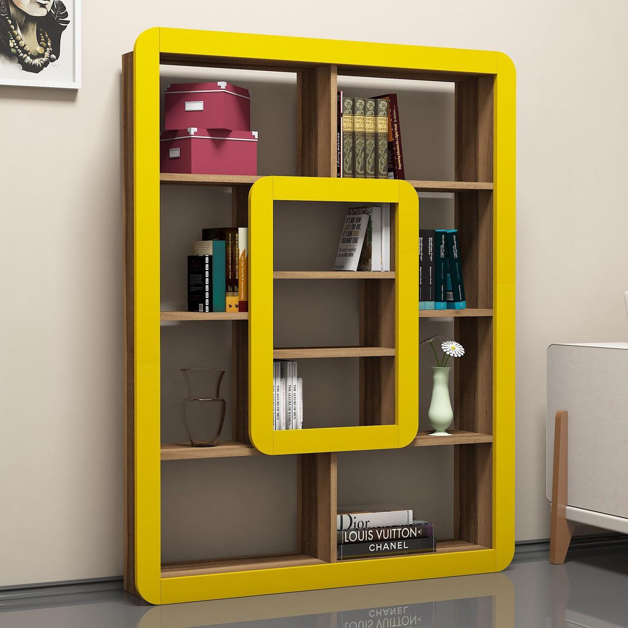Voir la diapositive 2 : Habitat et Jardin Bibliothèque en bois  orkide  - 108 x 21 x 140 cm - noyer, jaune