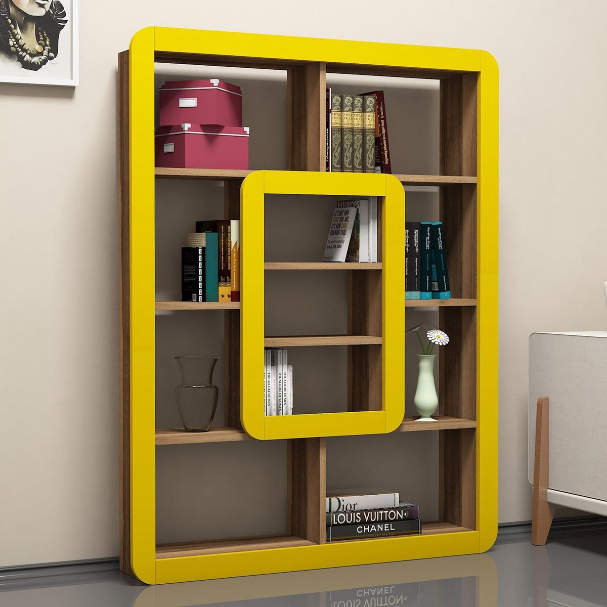 Habitat et Jardin Bibliothèque en bois  Orkide  - 108 x 21 x 140 cm - Noyer, Jaune