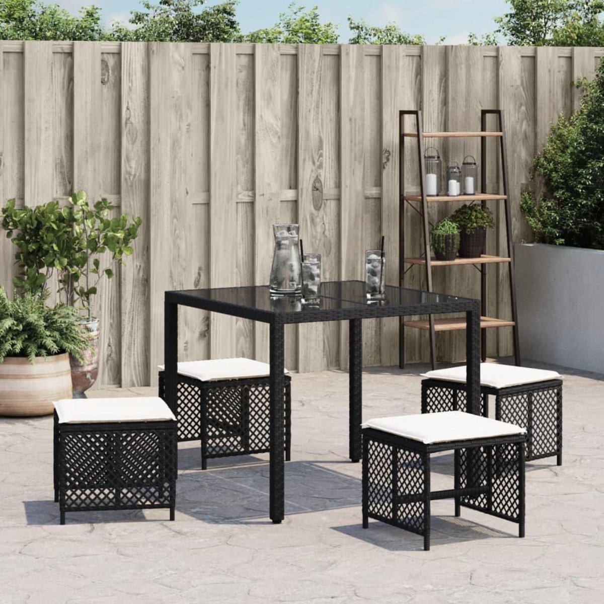 VIDAXL Tabourets de jardin et coussins lot de 4 noir 41x41x36 cm rotin
