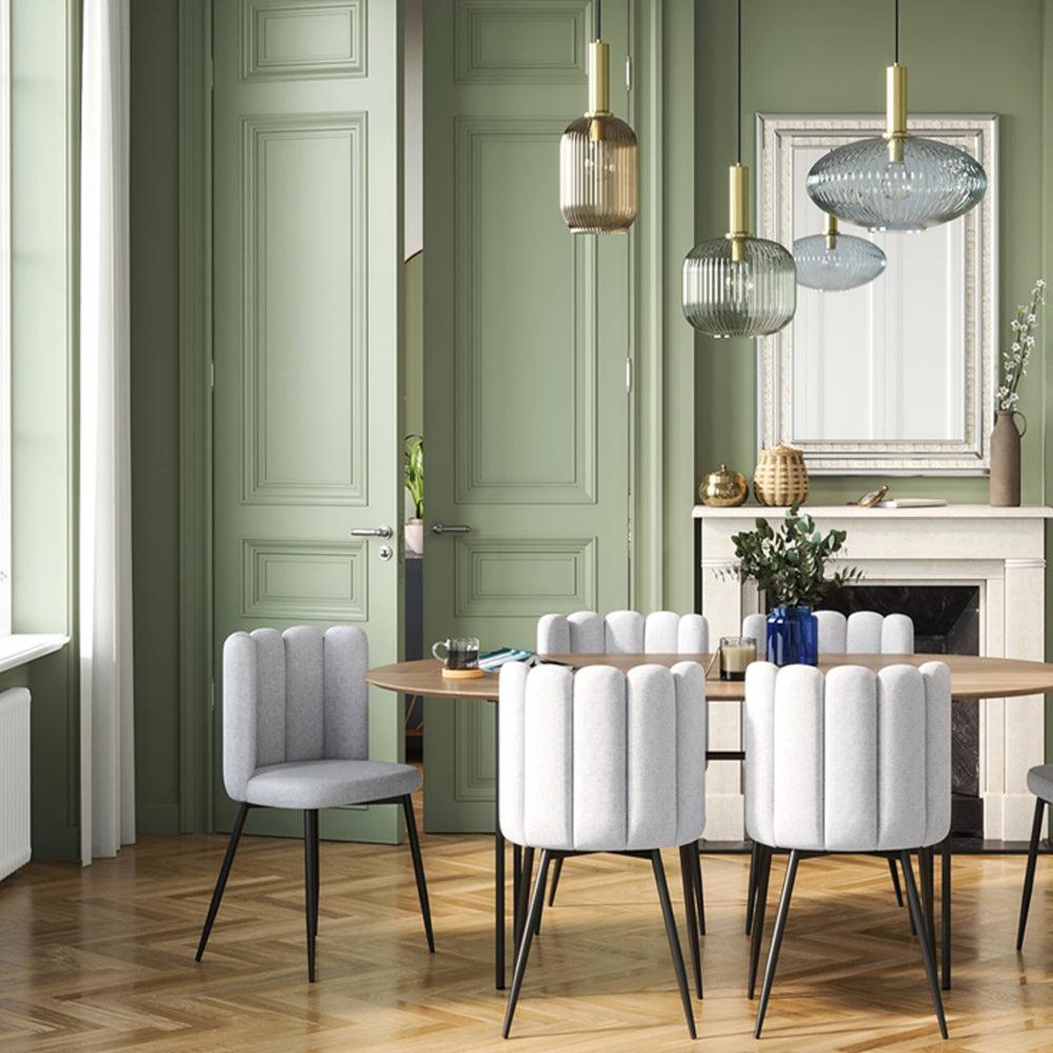 Voir la diapositive 5 : MAISON PAVANE Lot de 2 chaises en tissu gris et pieds en métal noir-rosy