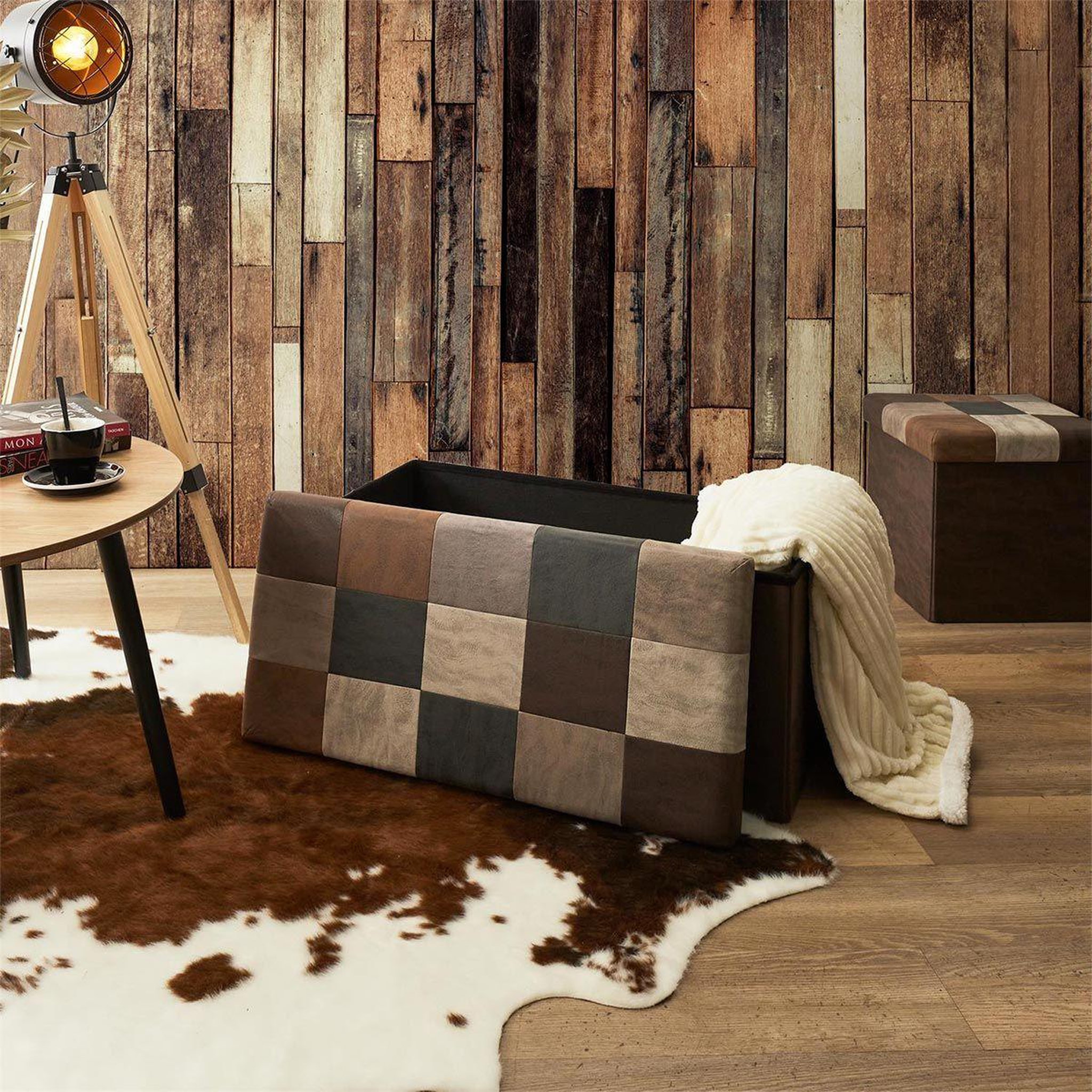 Voir la diapositive 6 : The Home Deco Factory Banc coffre pliable patchwork  loic  76cm marron