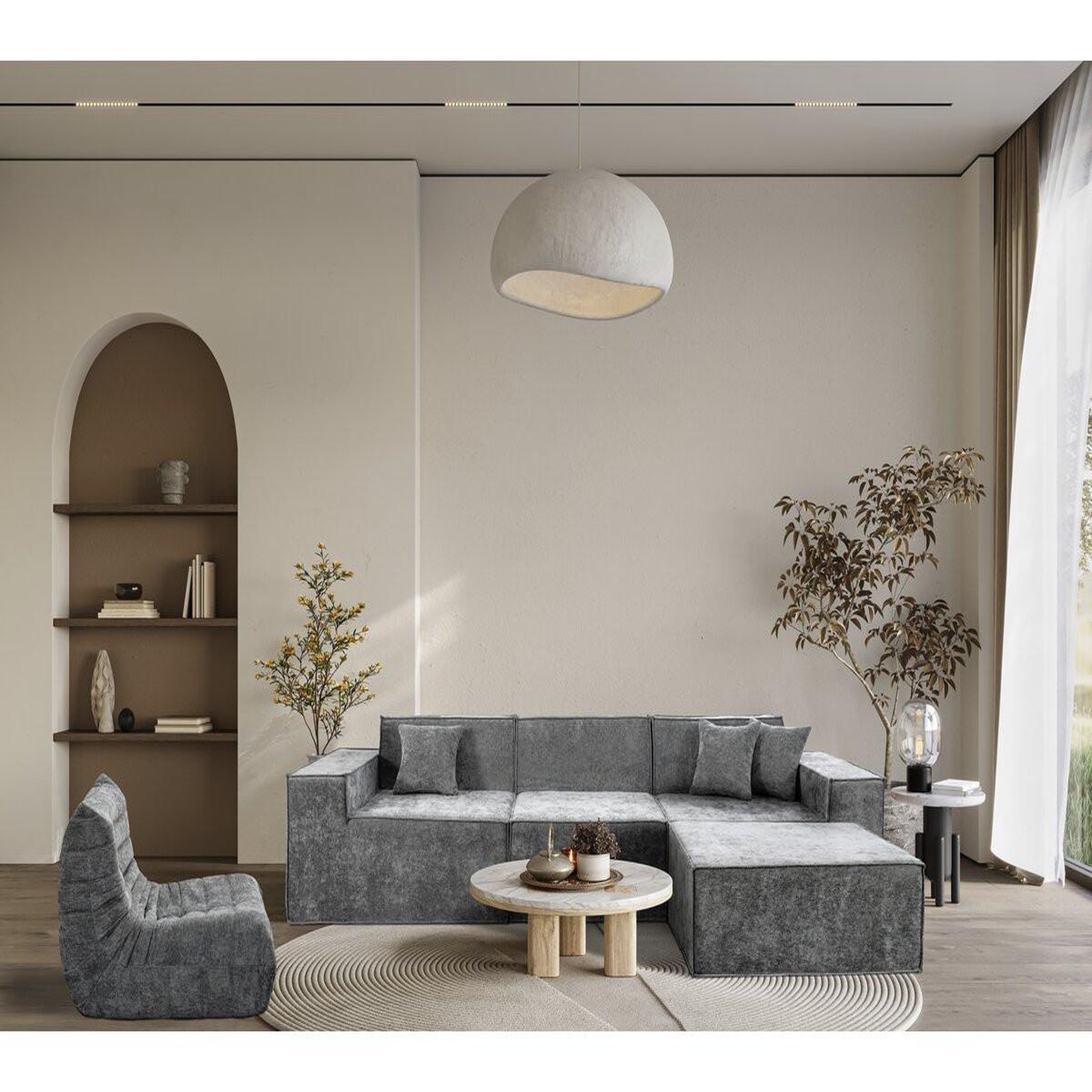 Voir la diapositive 2 : Habitat et Jardin Canapé droit modulable avec ottoman en tissu texturé  lusso  - 4 places - gris
