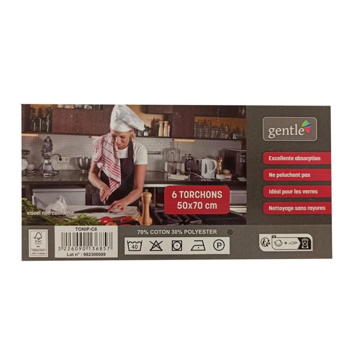 Gentle Lot de 6 torchons 50x70 polycoton carreaux