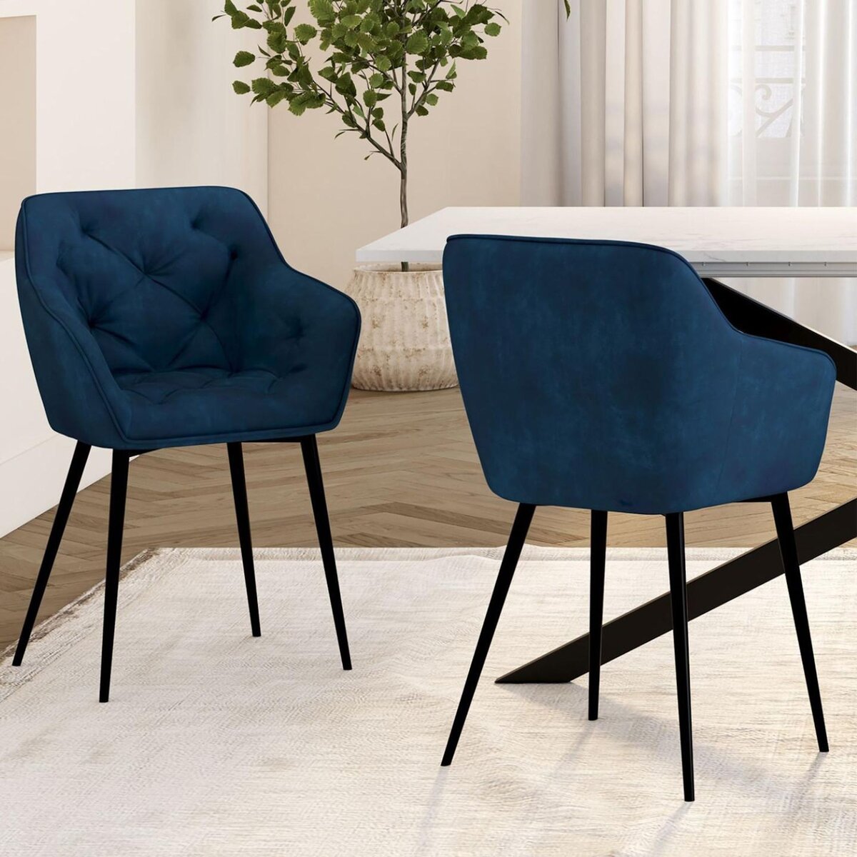 ID MARKET Lot de 2 chaises de salle à manger, fauteuils de table capitonnés LYA velours bleu canard