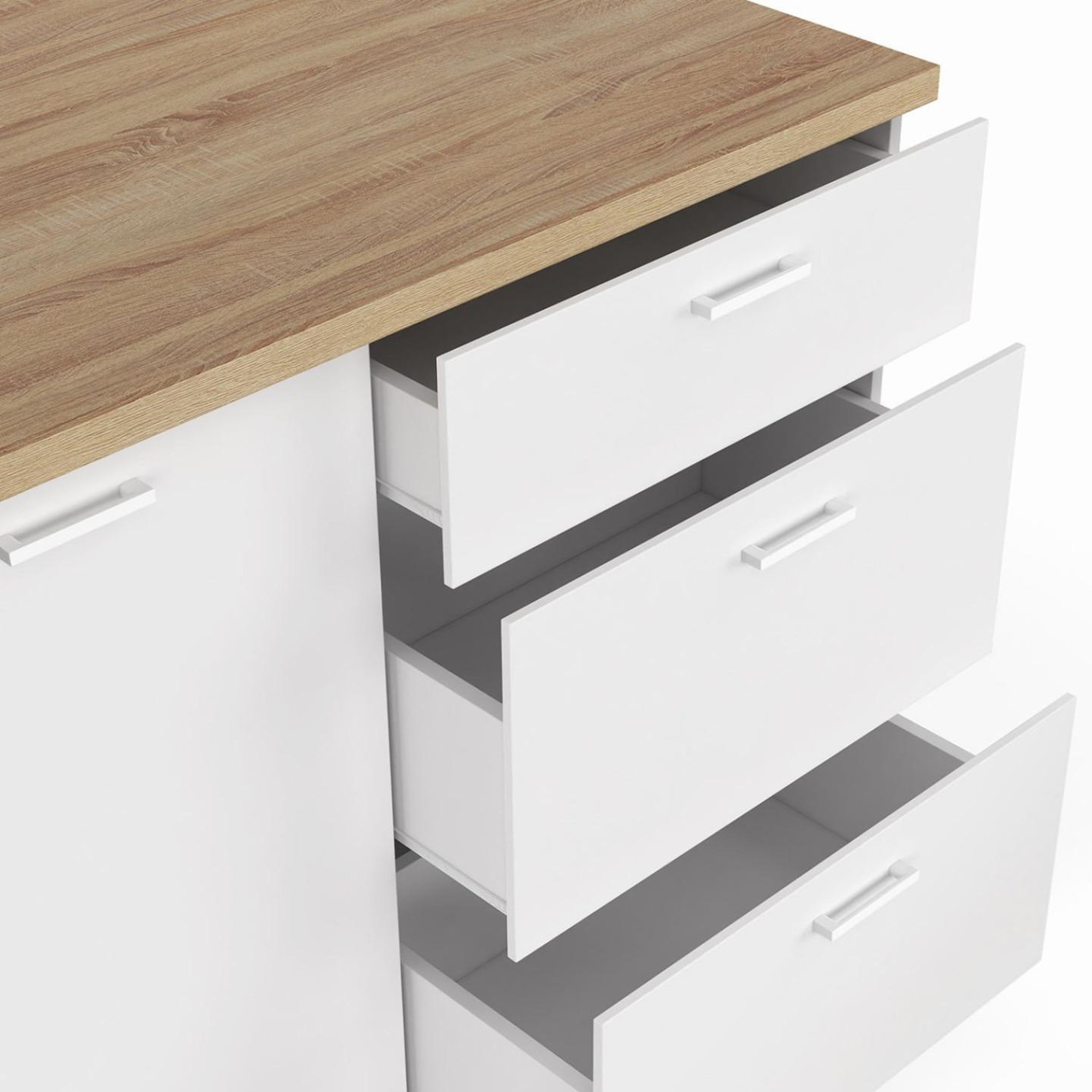 Voir la diapositive 6 : ID MARKET Ilot central tibo 110 cm casserolier 3 tiroirs bois blanc avec plan de travail façon hêtre