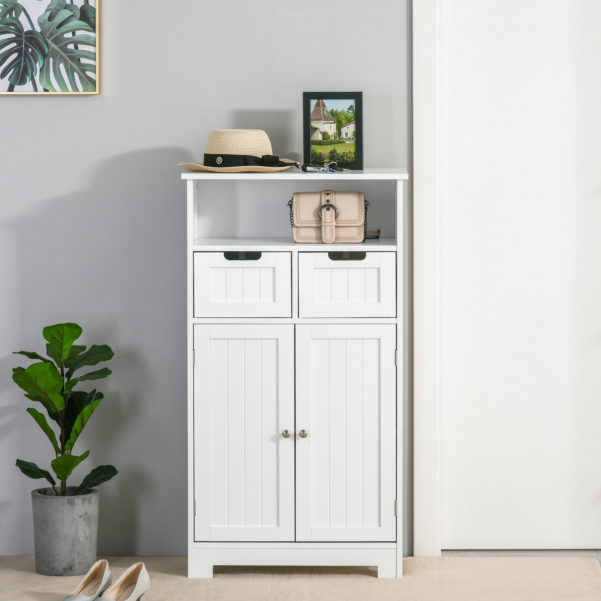 Voir la diapositive 5 : KLEANKIN Meuble bas de salle de bain multi-rangements grande niche 2 tiroirs placard double porte avec étagère MDF blanc