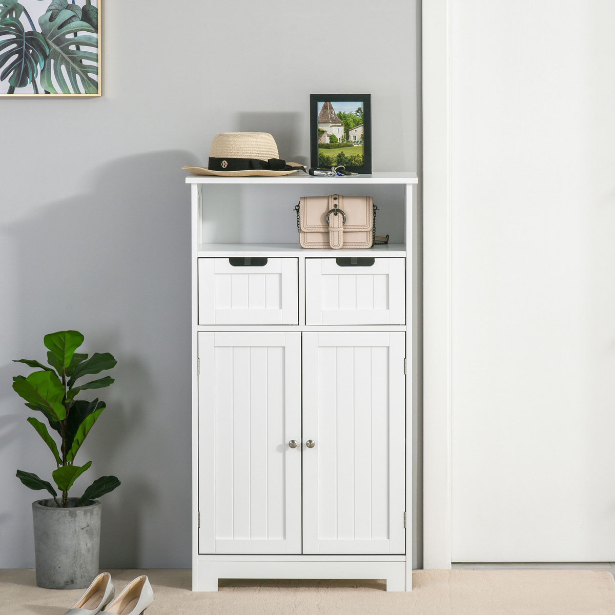 KLEANKIN Meuble bas de salle de bain multi-rangements grande niche 2 tiroirs placard double porte avec étagère MDF blanc