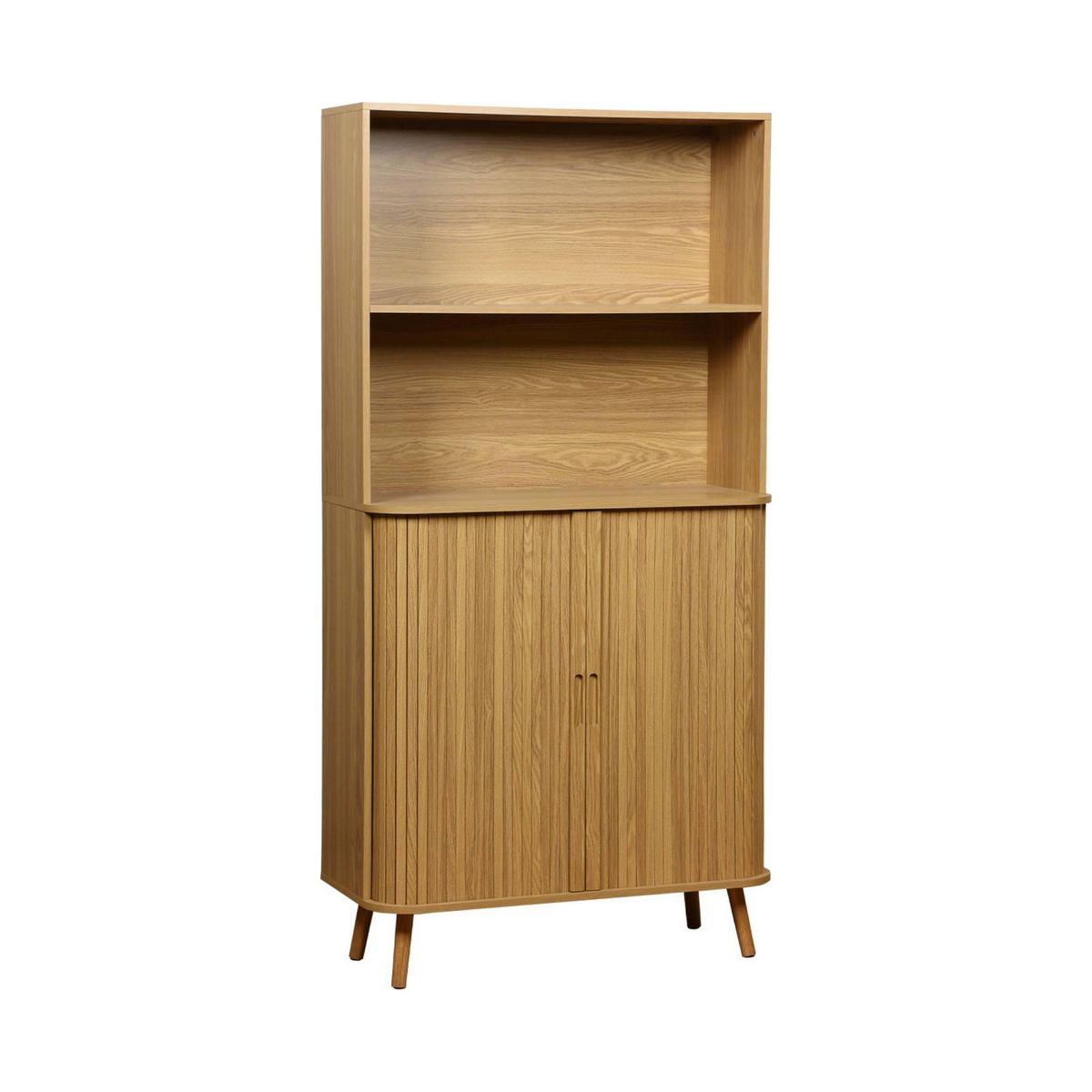 SWEEEK Etagère bibliothèque scandinave. 2 portes coulissantes. 4 niveaux. effet bois rainuré. L 80 x P 45 x H 180cm