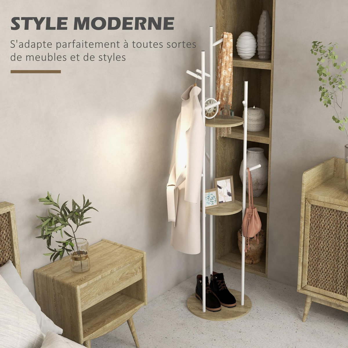 HOMCOM Porte-manteau design contemporain branches 2 étagères 9 patères Ø 40 x 167H cm aspect chêne clair acier blanc