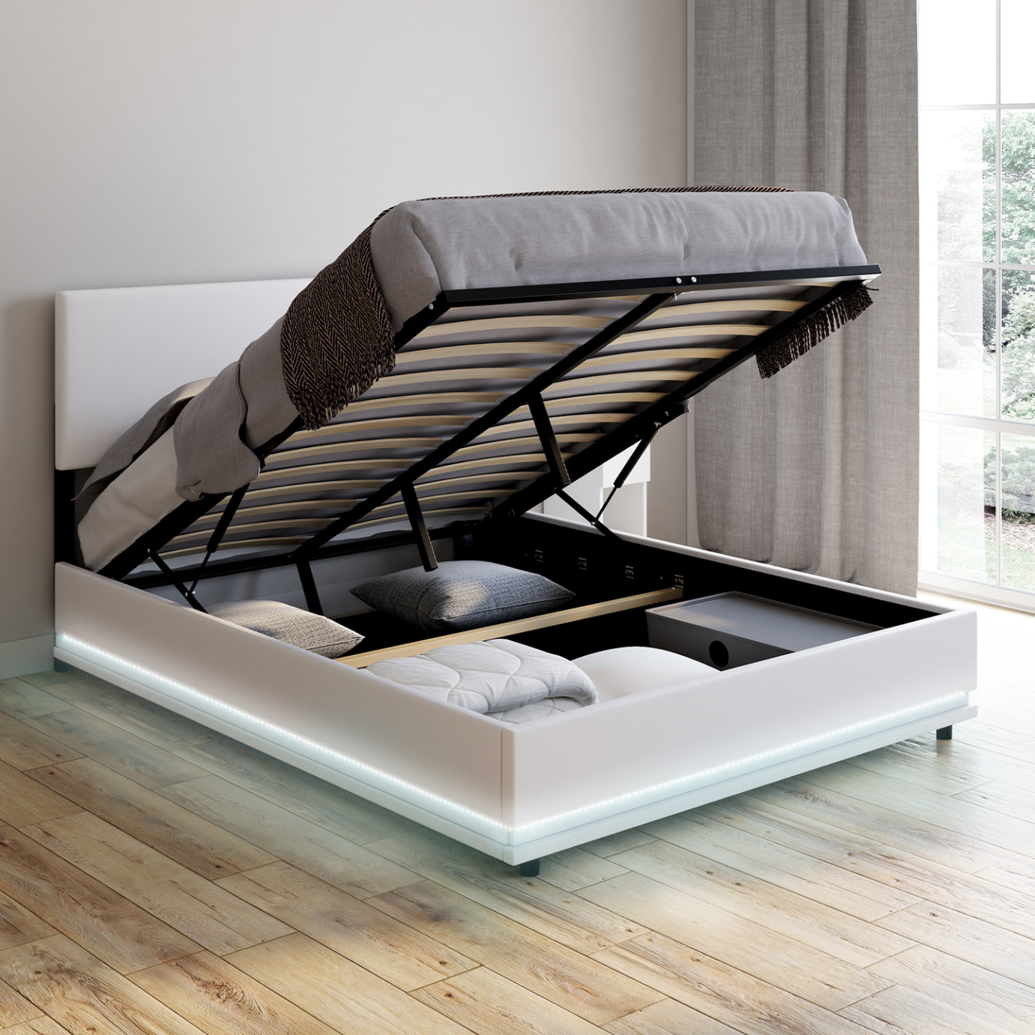 Voir la diapositive 2 : ID MARKET Lit coffre double owen avec led intégrées + tête de lit et sommier 140 x 190 cm pvc blanc