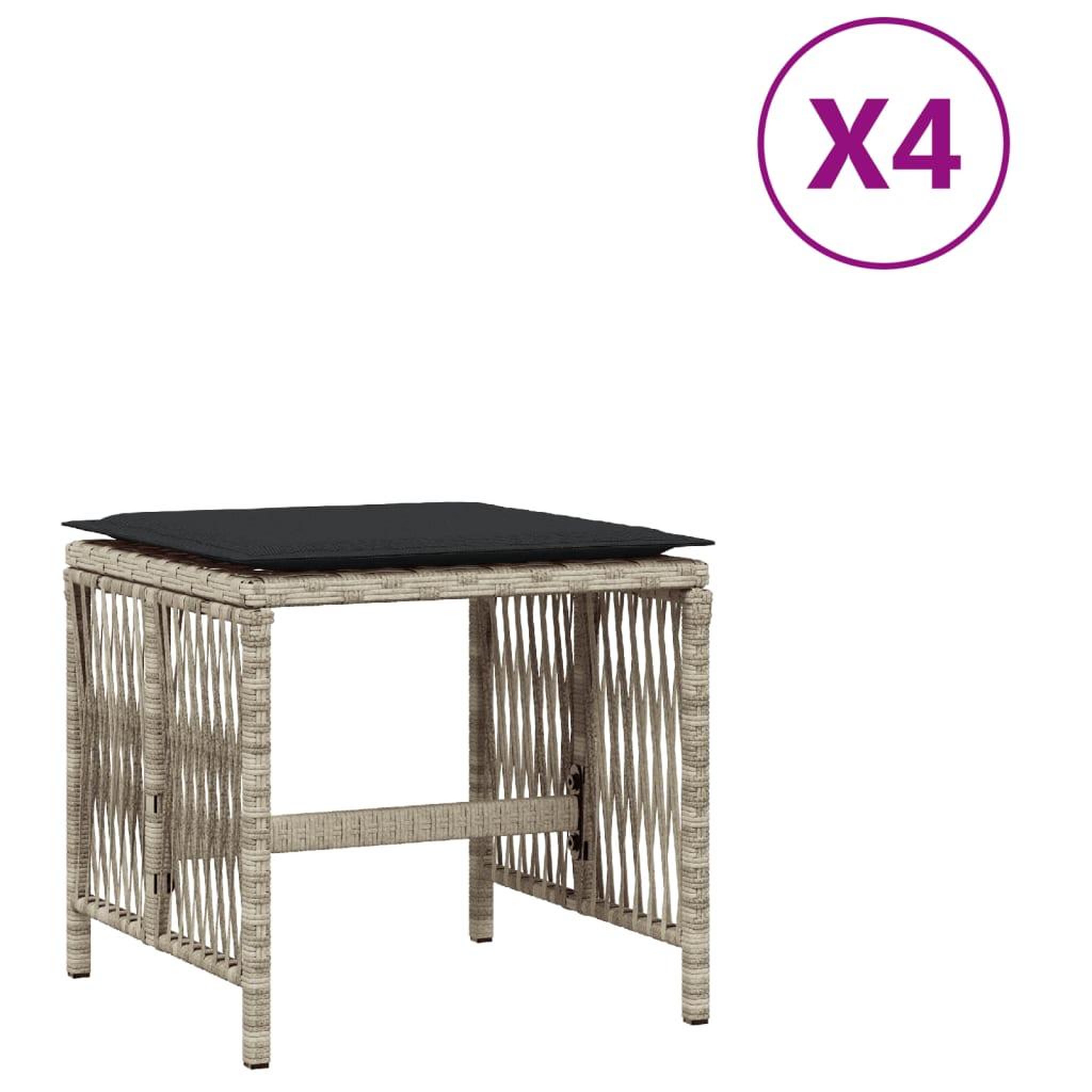 Voir la diapositive 2 : VIDAXL Tabourets de jardin et coussins lot de 4 gris clair 41x41x36 cm