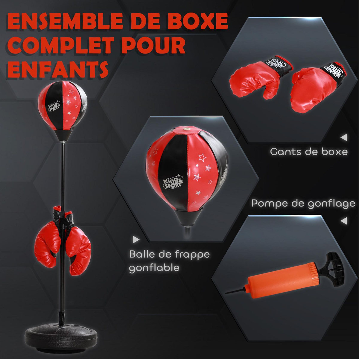 HOMCOM Punching ball enfant - sac de frappe enfant - hauteur réglable - base lestage, pompe, 2 gants inclus - rouge noir