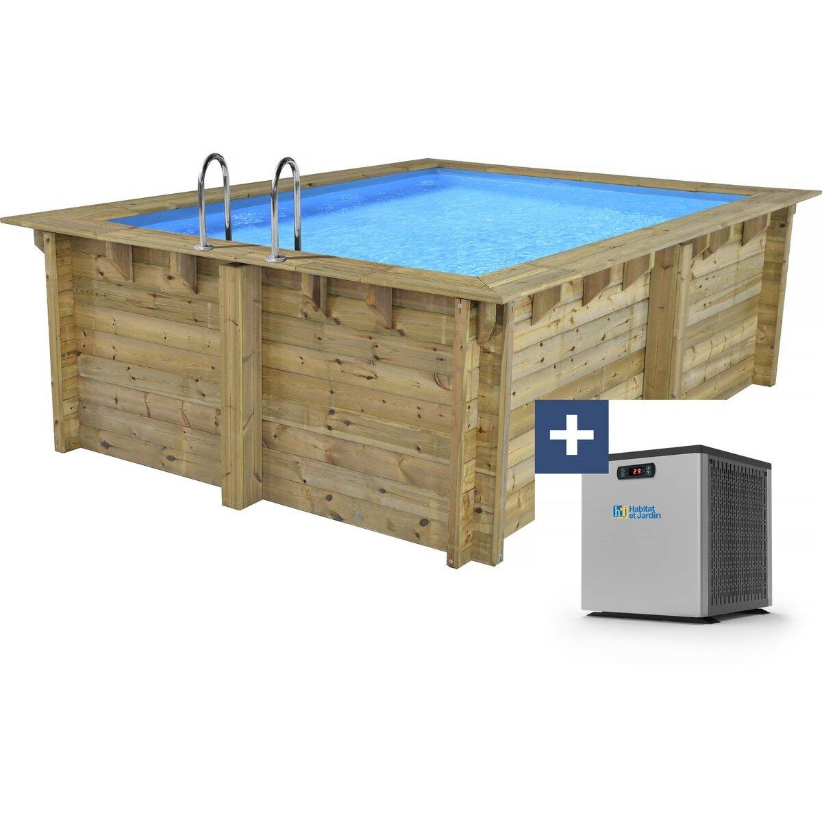 Habitat et Jardin Piscine bois rectangle   Caimans 120   - 4.10 x 3.00 x 1.24  m + Mini pompe à chaleur 3.5kW - Métal - Gris