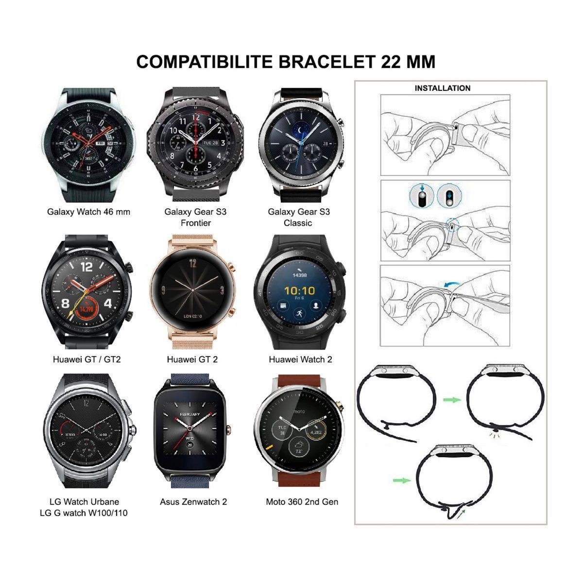 IBROZ Bracelet Samsung/Huawei SoftTouch 22mm blanc+rose