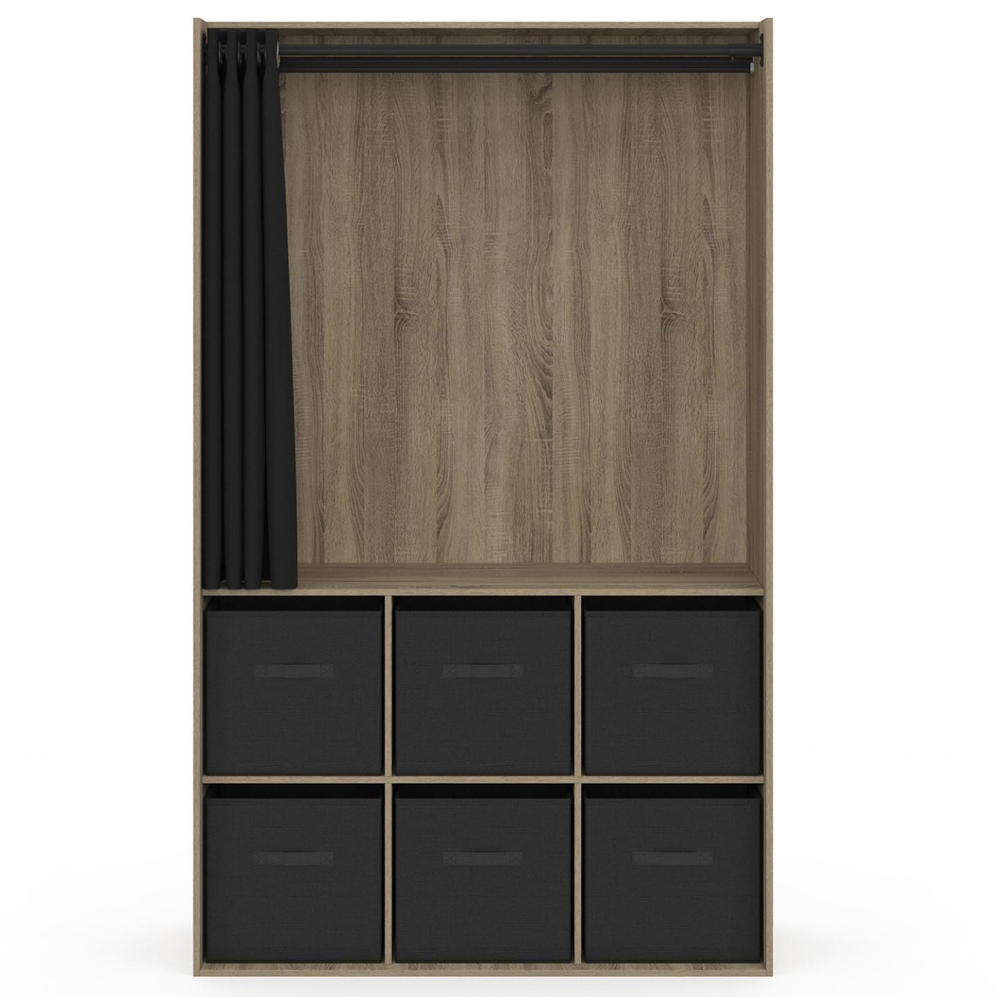 Voir la diapositive 3 : ID MARKET Dressing penderie diane 104 x 50 x 172 cm hêtre avec 6 boites de rangement + rideau noir