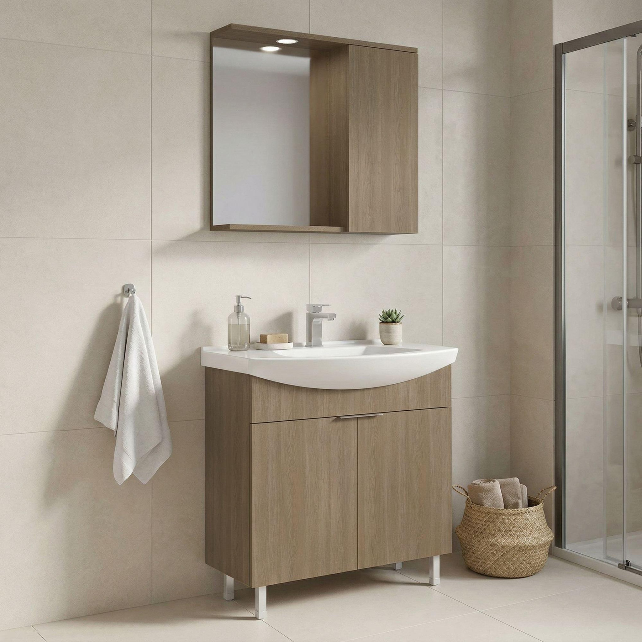 Voir la diapositive 2 : Habitat et Jardin Meuble avec simple vasque et miroir  Purus 80  - 80 x 50 x 83 cm - Oak