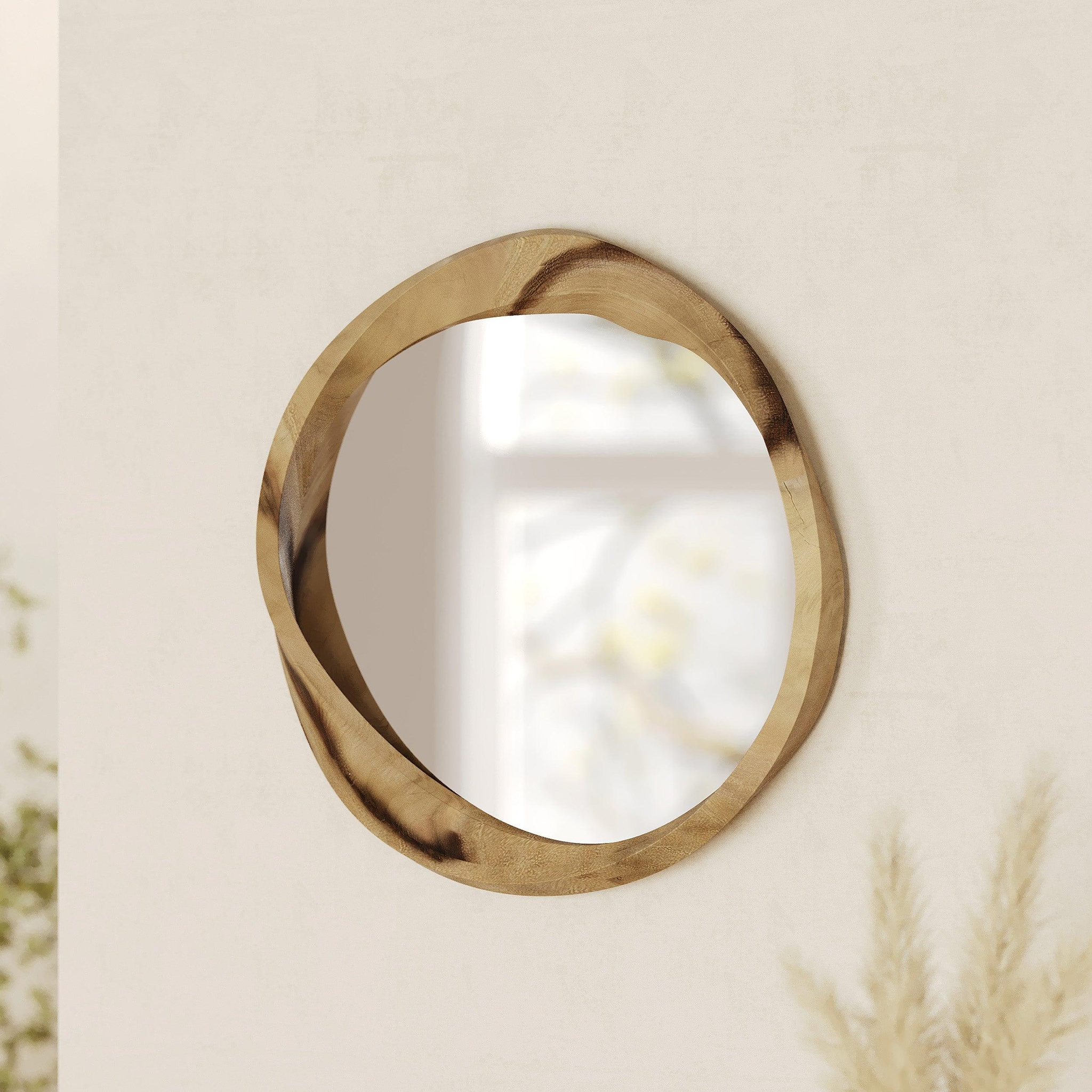 Voir la diapositive 2 : MAISON PAVANE Miroir rond en bois clair de suar ondulé d53 cm-yong