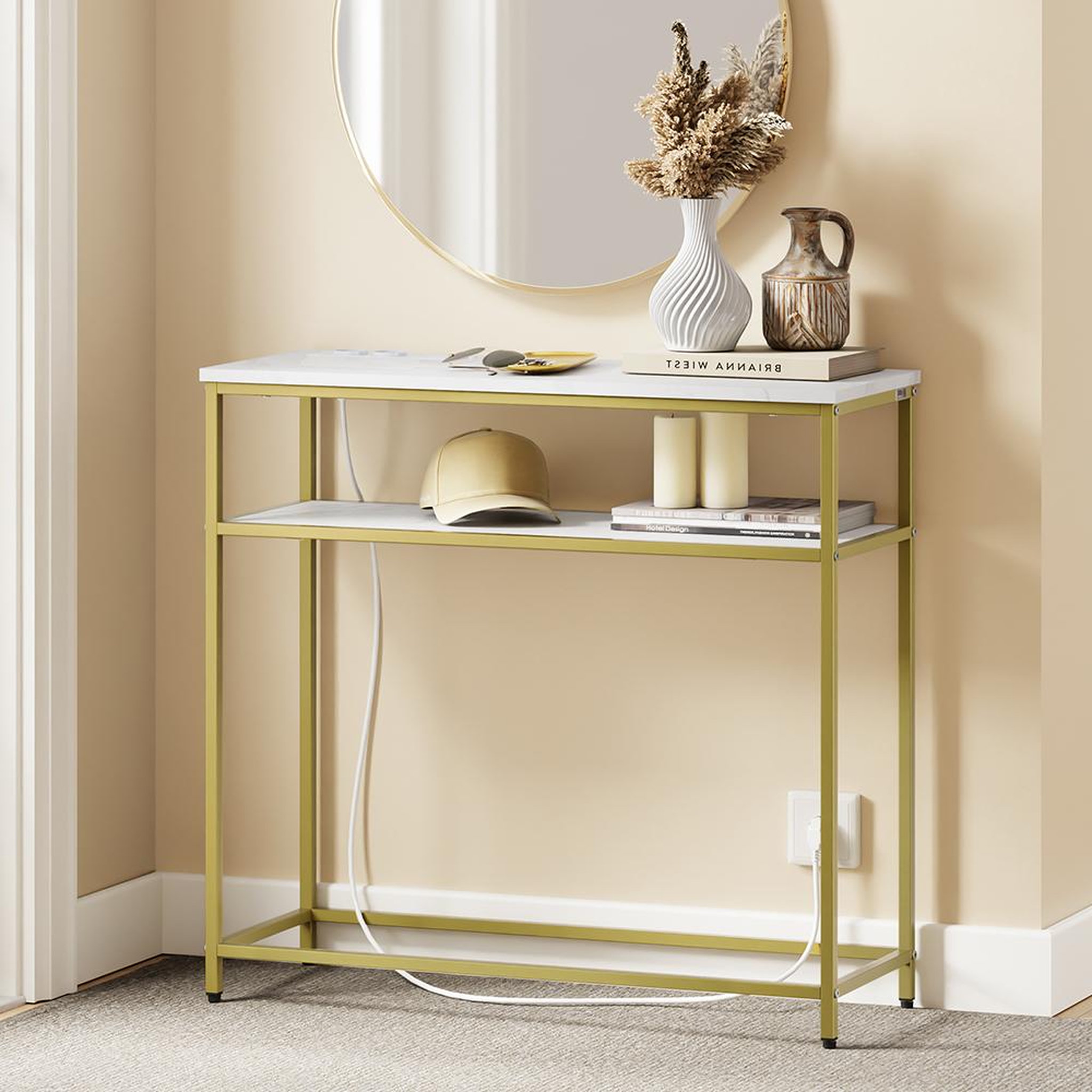 Voir la diapositive 2 : SOBUY Console d'entrée dorée avec prises électriques 80x30x75 cm FSB106-E-G