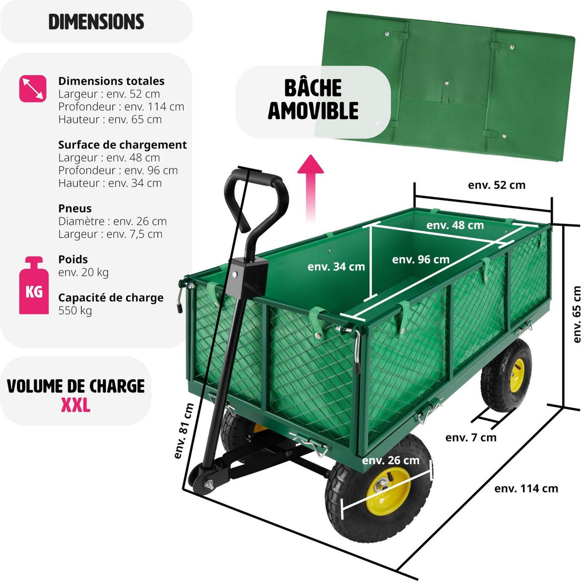 tectake Chariot de jardin et de transport avec des parois latérales rabattables vert