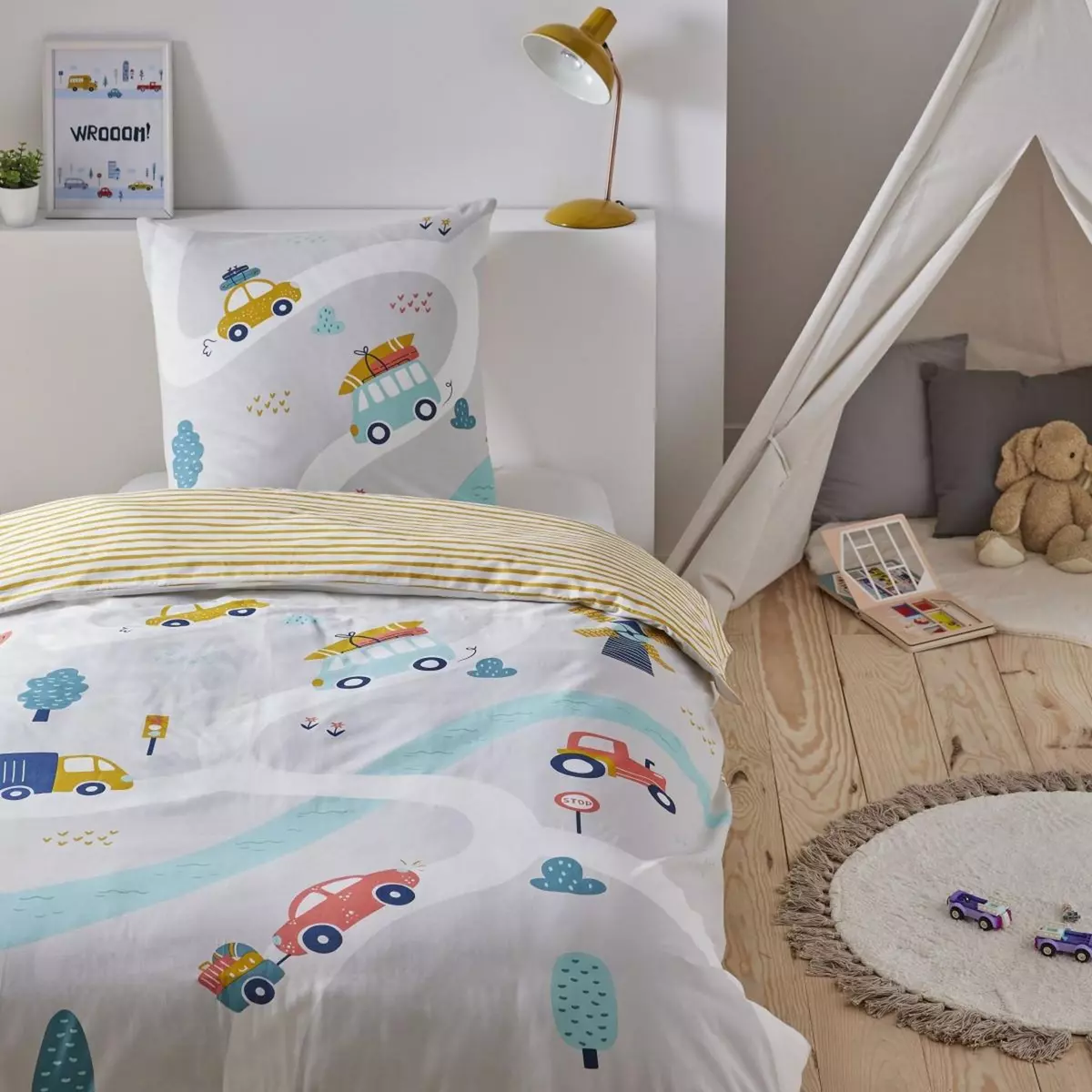 FUTURE HOME Parure de lit enfant en coton 57 fils imprimé gris et curry 140x200cm