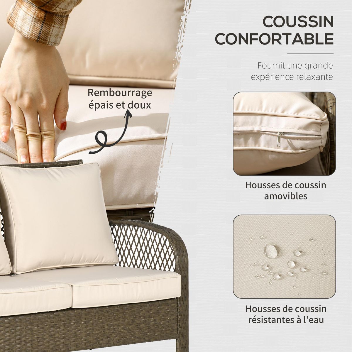 OUTSUNNY Salon de jardin 4 places 4 pièces style colonial table basse coussins beige inclus résine tressée marron