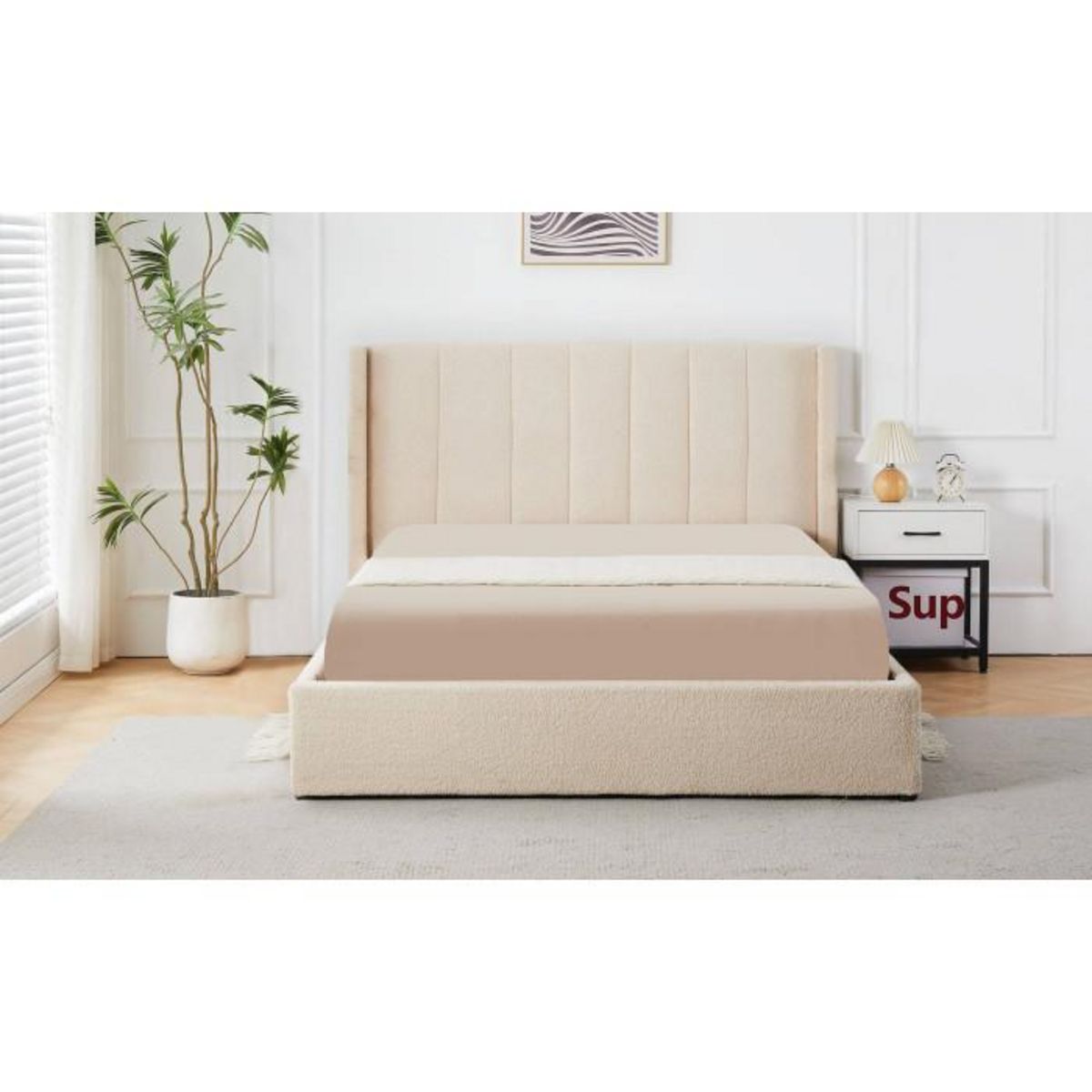 Paris Prix Lit Double Coffre Tissu Bouclette  Somia  160x200cm Crème