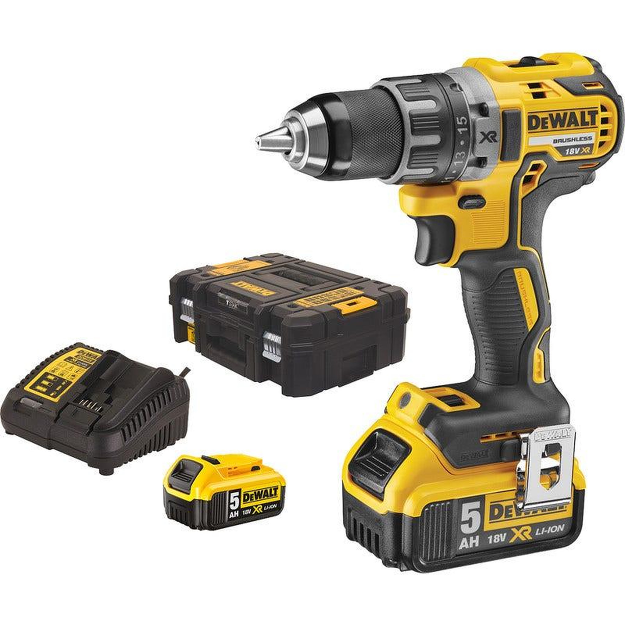 Dewalt Perceuse visseuse compact sans fil xr 18v ø13mm brushless + 2 batteries 5ah + chargeur + coffret tstak