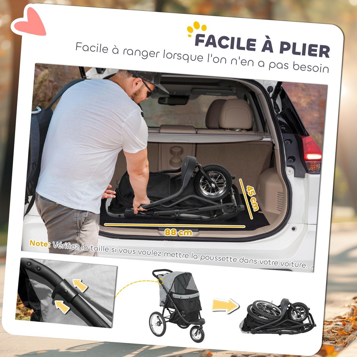 PAWHUT Poussette jogger pour chien pliable en un clic - panier de rangement, coussin lavable, attache, auvent réglable - gris