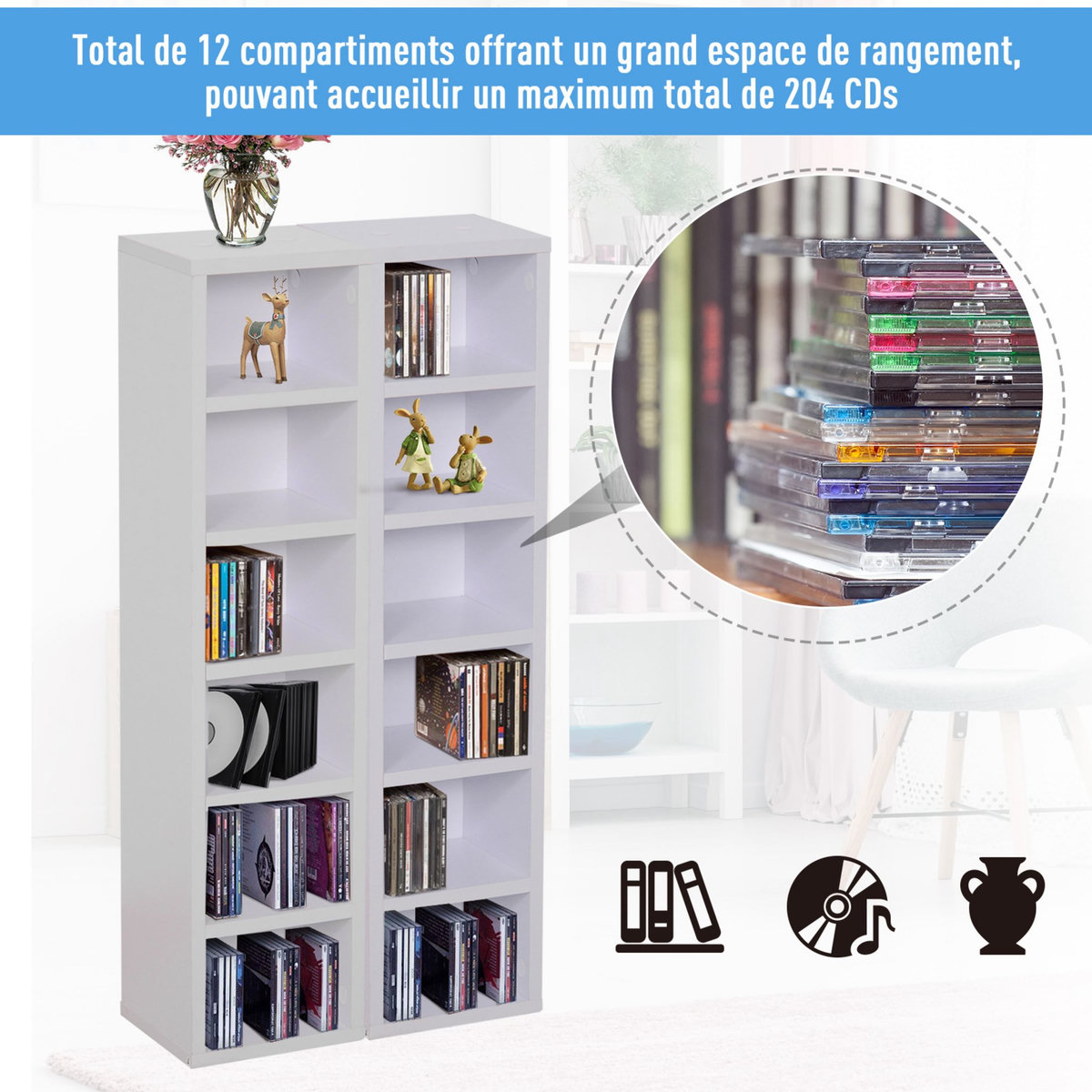 HOMCOM Lot de 2 étagères colonnes armoire de rangement CD-DVD 6 + 6 compartiments dim. 21L x 19l x 88H cm capacité max. 204 CD blanc