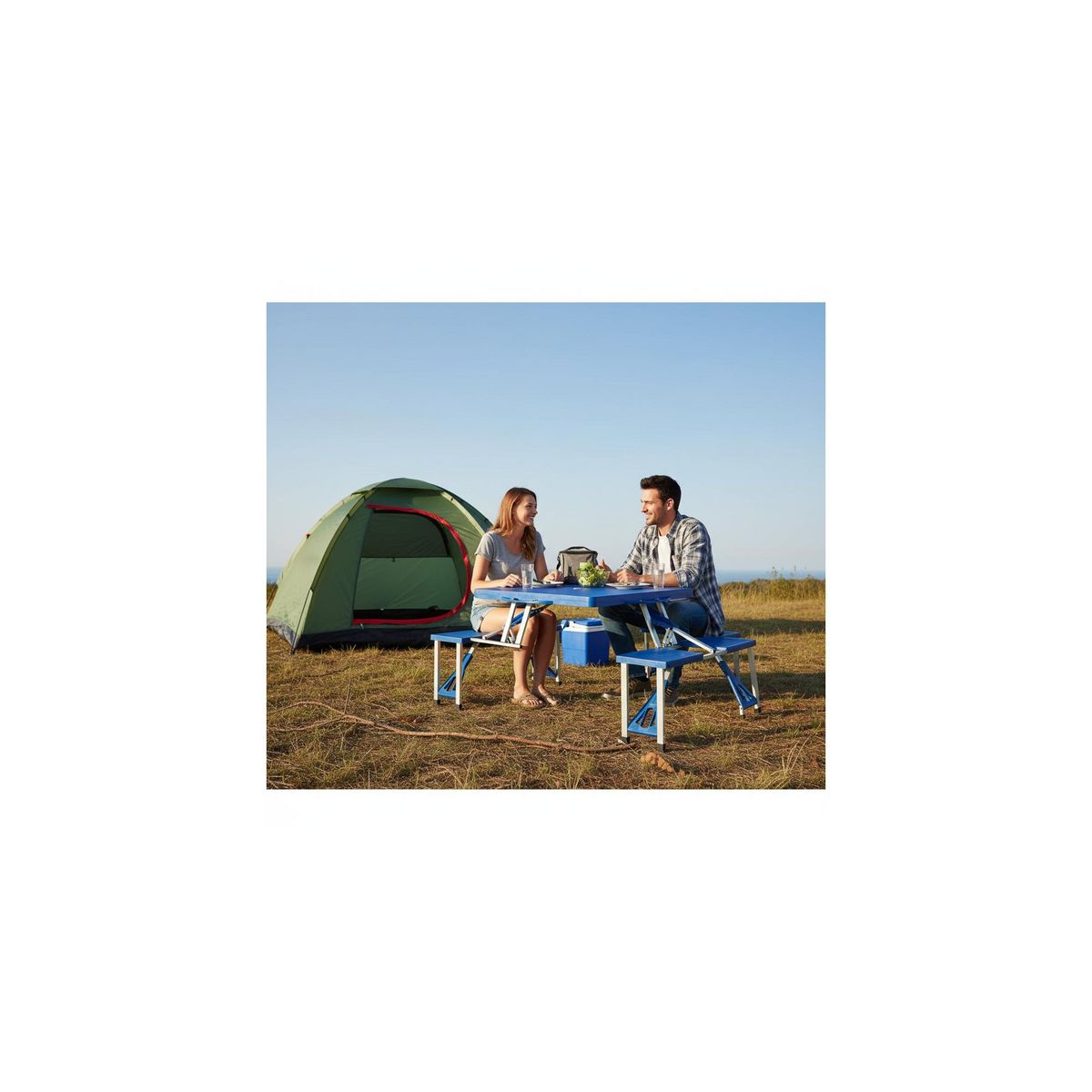 KINGCAMP Table de camping 4 personnes avec banc - Pliable - Bleu