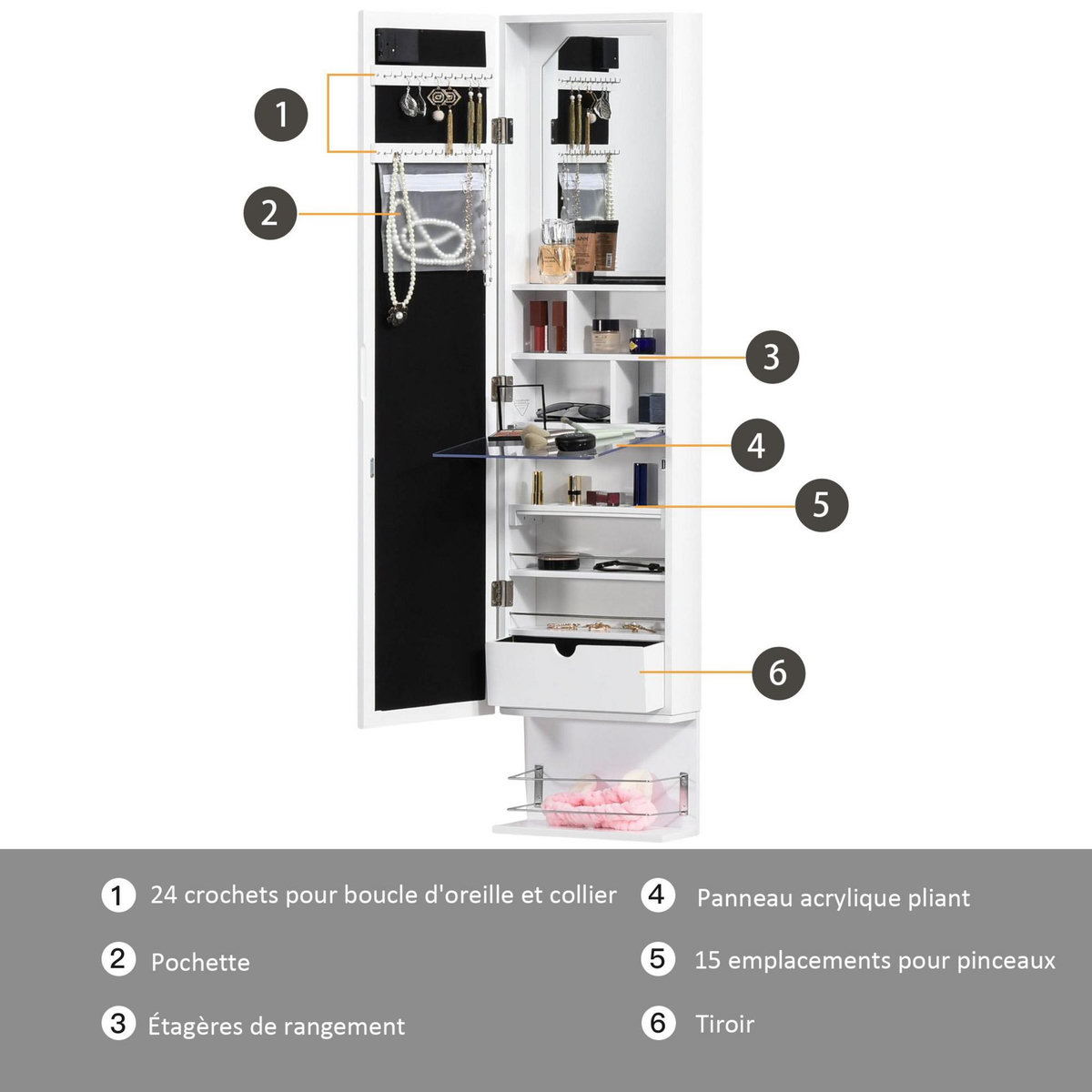 HOMCOM Armoire à bijoux avec miroir - 5 tiroirs coulissants, 2 compartiments latéraux avec crochets, rangement haut à bagues verrouillable - MDF blanc