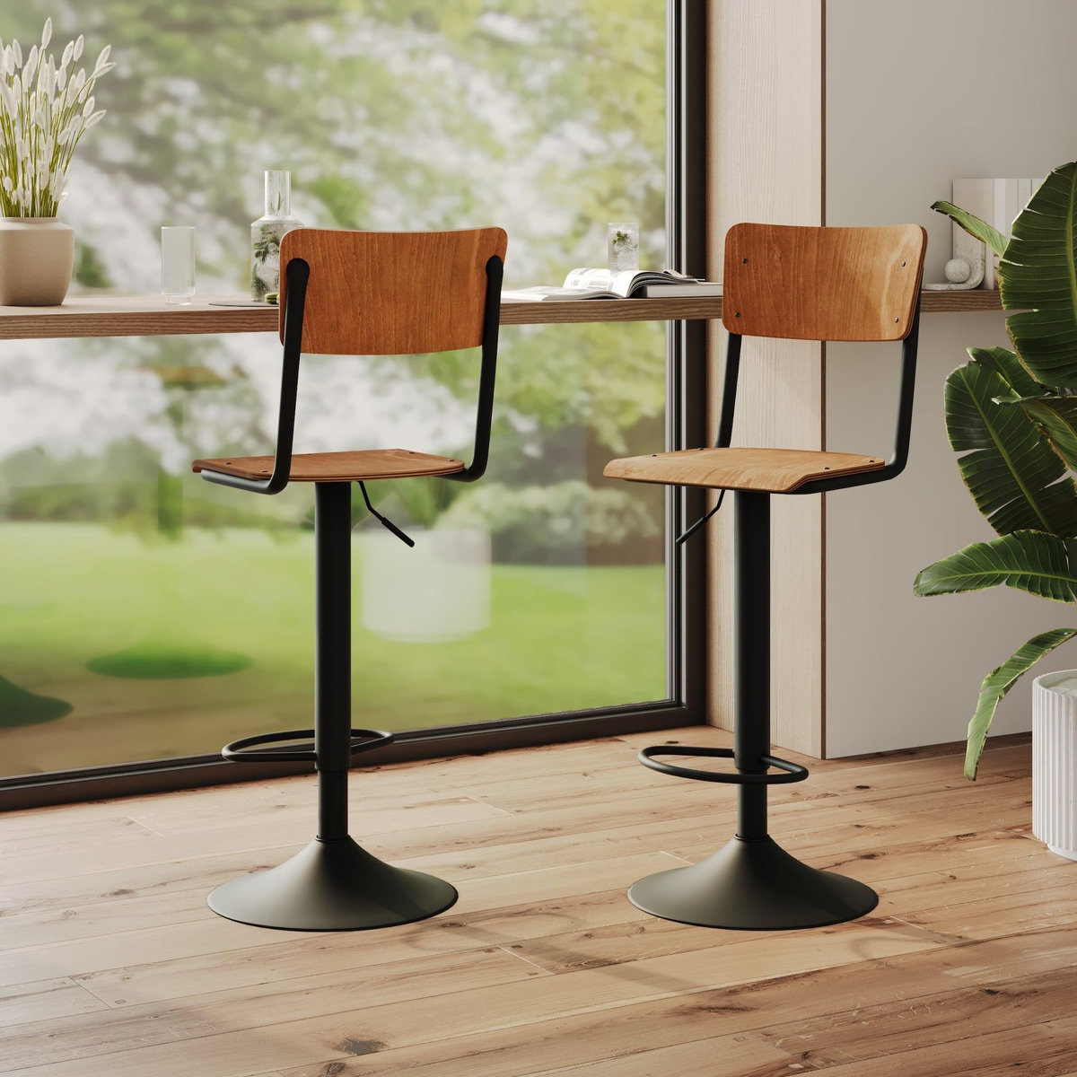 Rendez vous déco Lot de 2 chaises de bar réglables 60/80 cm en bois foncé-Clem