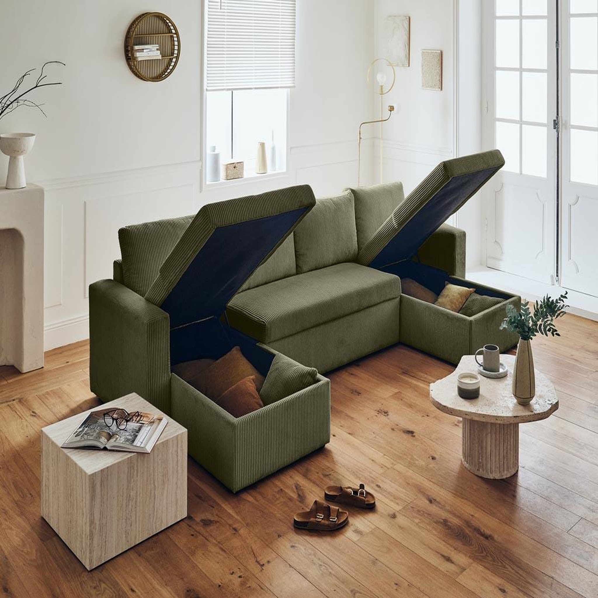 Voir la diapositive 2 : BEST MOBILIER Cyrus - canapé panoramique en u - 7 places - convertible avec coffre - en velours côtelé
