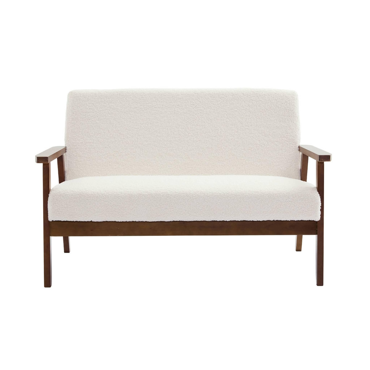 SWEEEK Canapé banquette 2 places et fauteuil tissu bouclette. pieds teinté noyer clair
