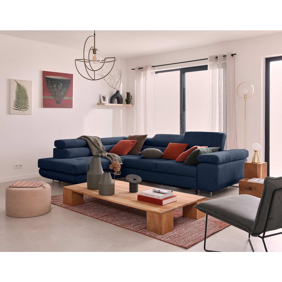 BEST MOBILIER Zaria - canapé d'angle gauche - convertible avec coffre et têtières réglables - 5 places - en velours côtelé