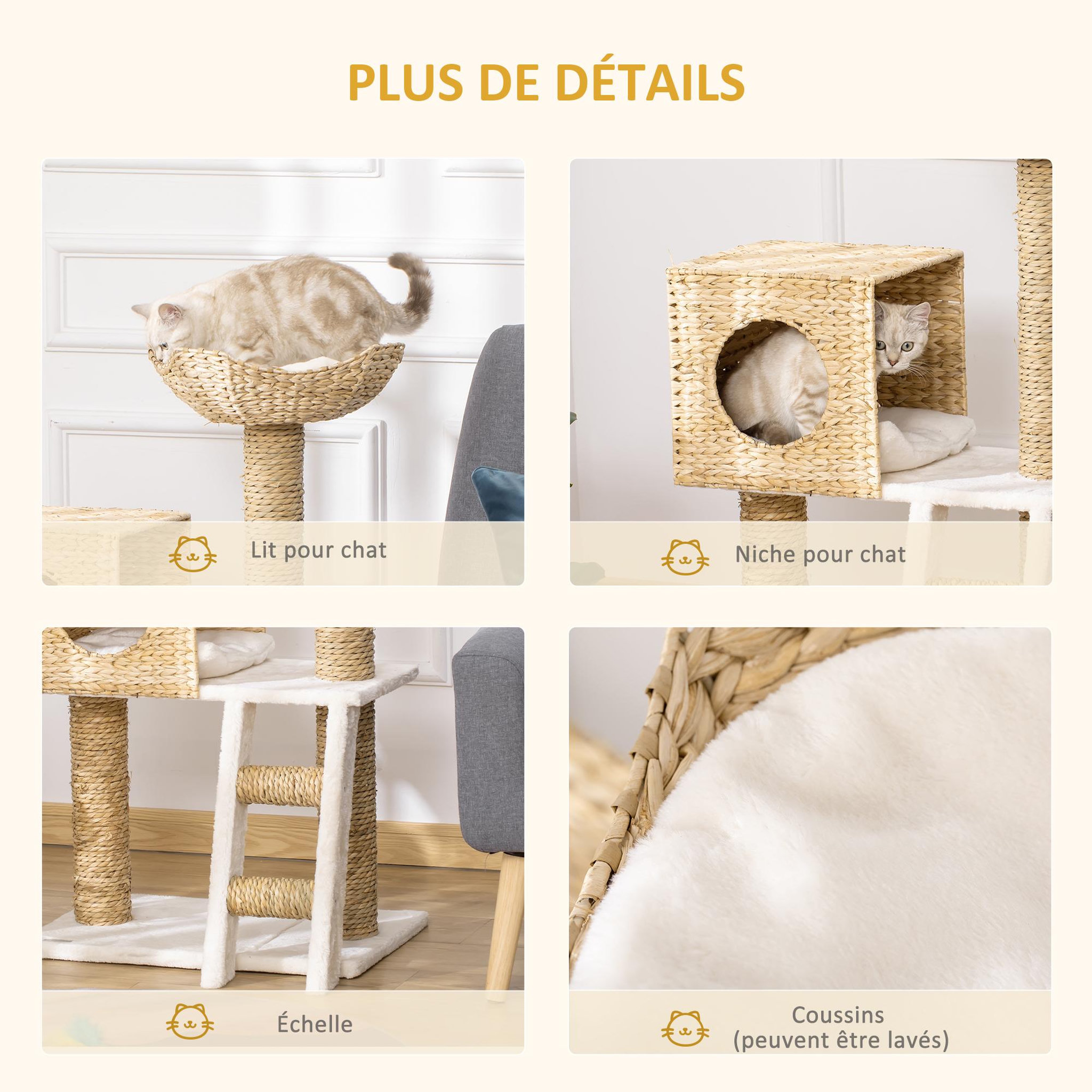 Voir la diapositive 5 : PAWHUT Arbre à chat style cosy chic griffoirs quenouille échelle niche panier 2 coussins inclus peluche courte polyester haute densité crème beige